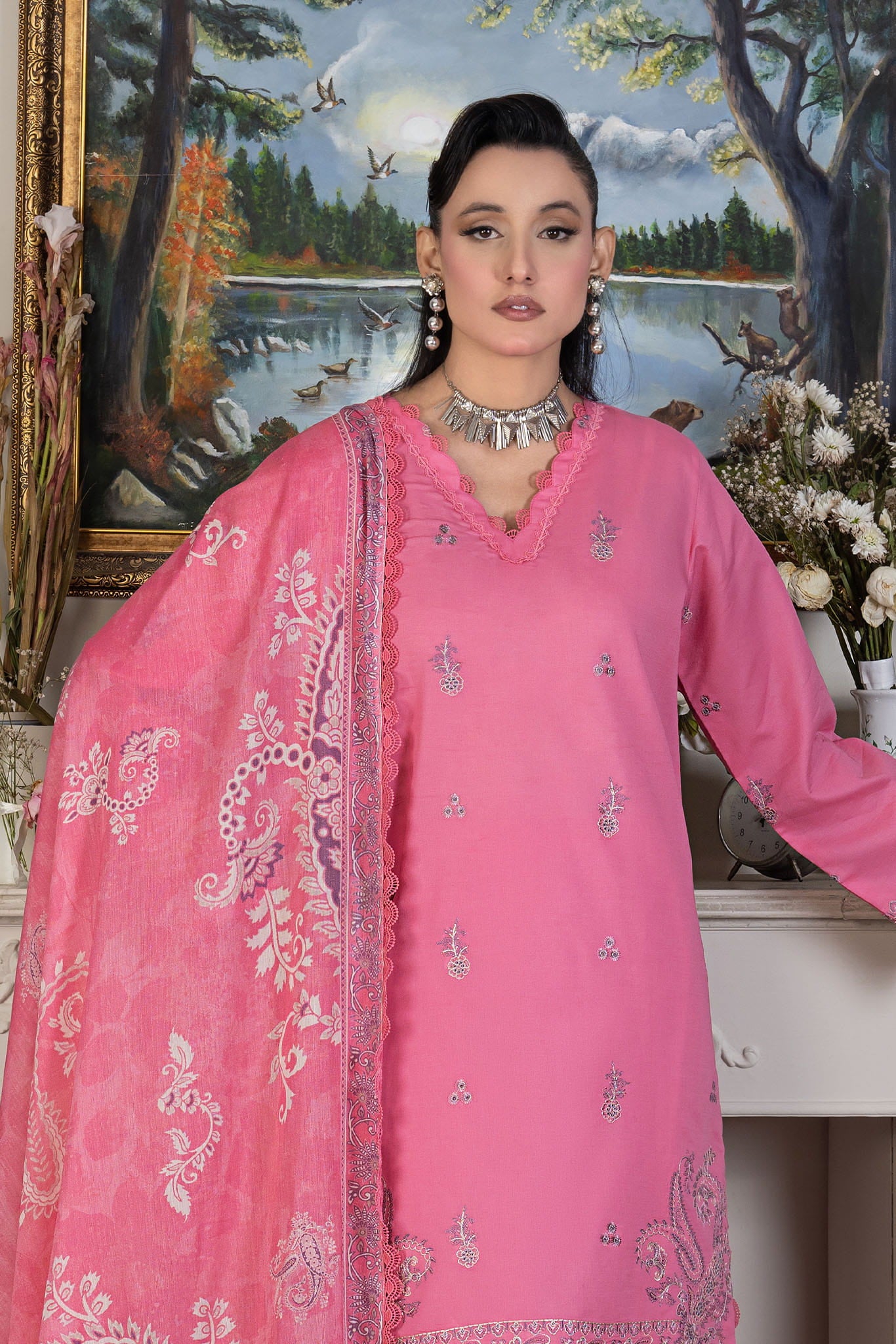 3 Piece Unstitched Pink Luxury Embroidered Lawn Secondary image