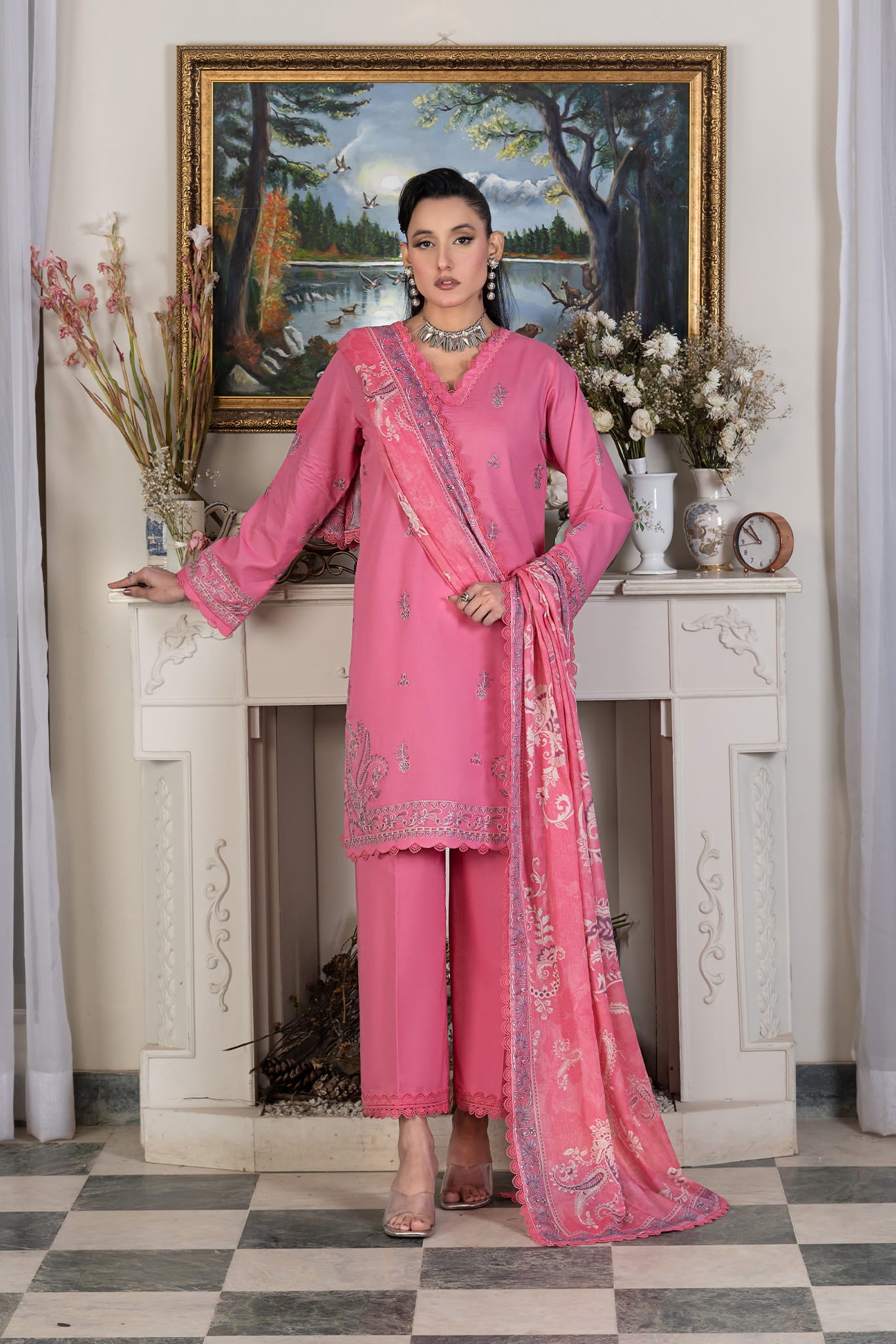 3 Piece Unstitched Pink Luxury Embroidered Lawn Suit Main image