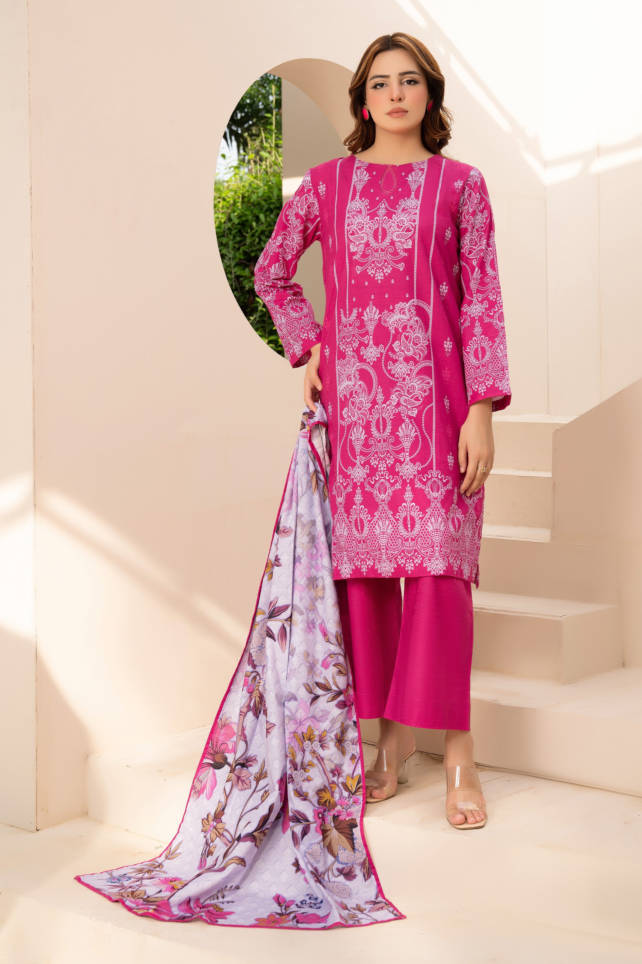 3 Piece Unstitched Shocking Pink Printed Khaddar Secondary image
