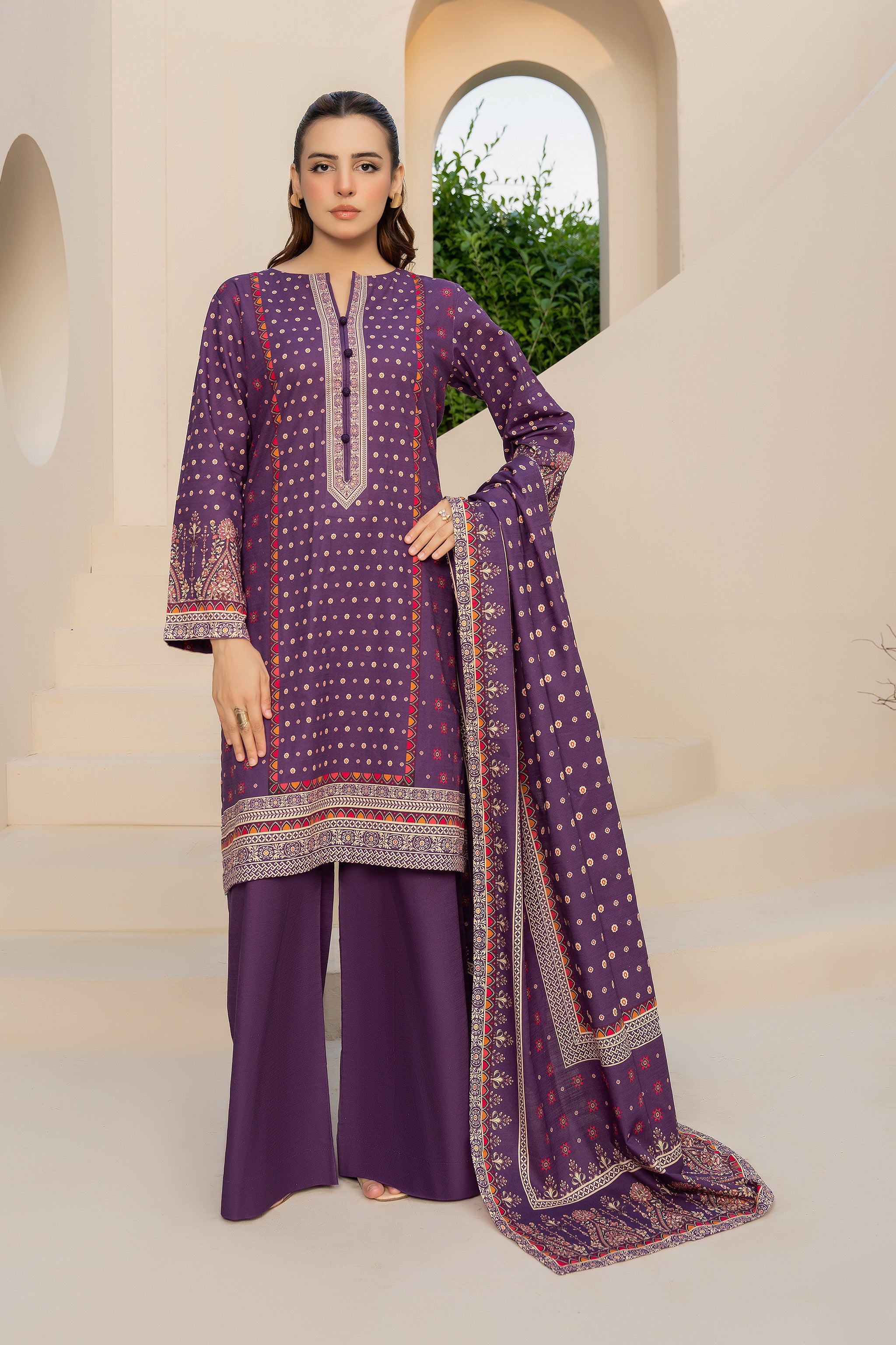 3 Piece Unstitched Plum Printed Khaddar Secondary image