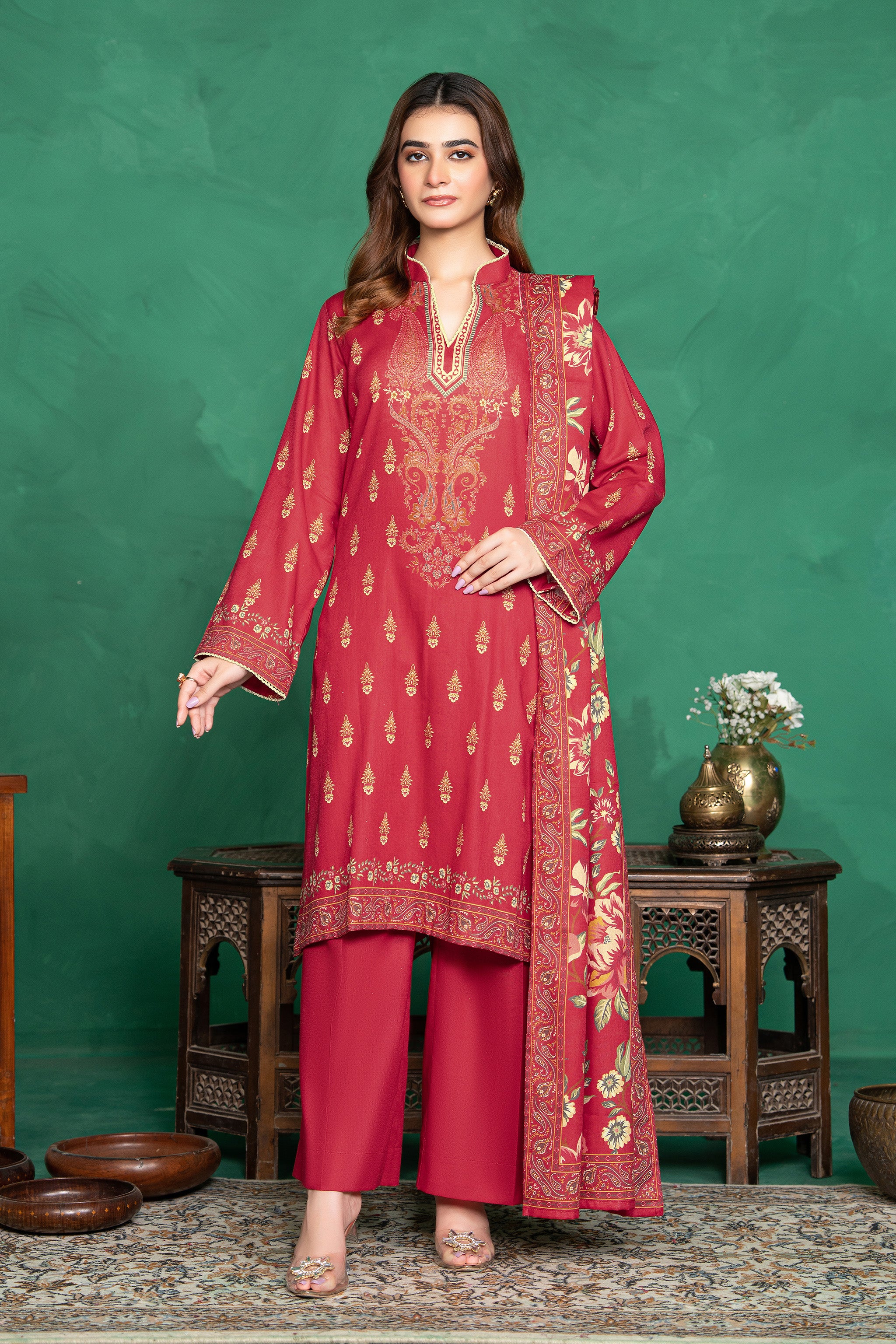 3 Piece Unstitched Red Printed Cotton Secondary image
