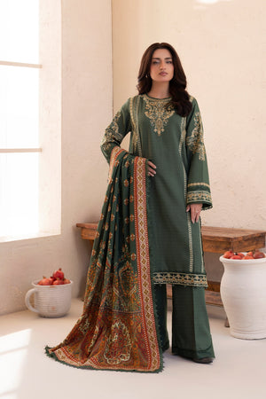 3 Piece Unstitched Rifle Green Premium Embroidered Lawn - Safa Noor