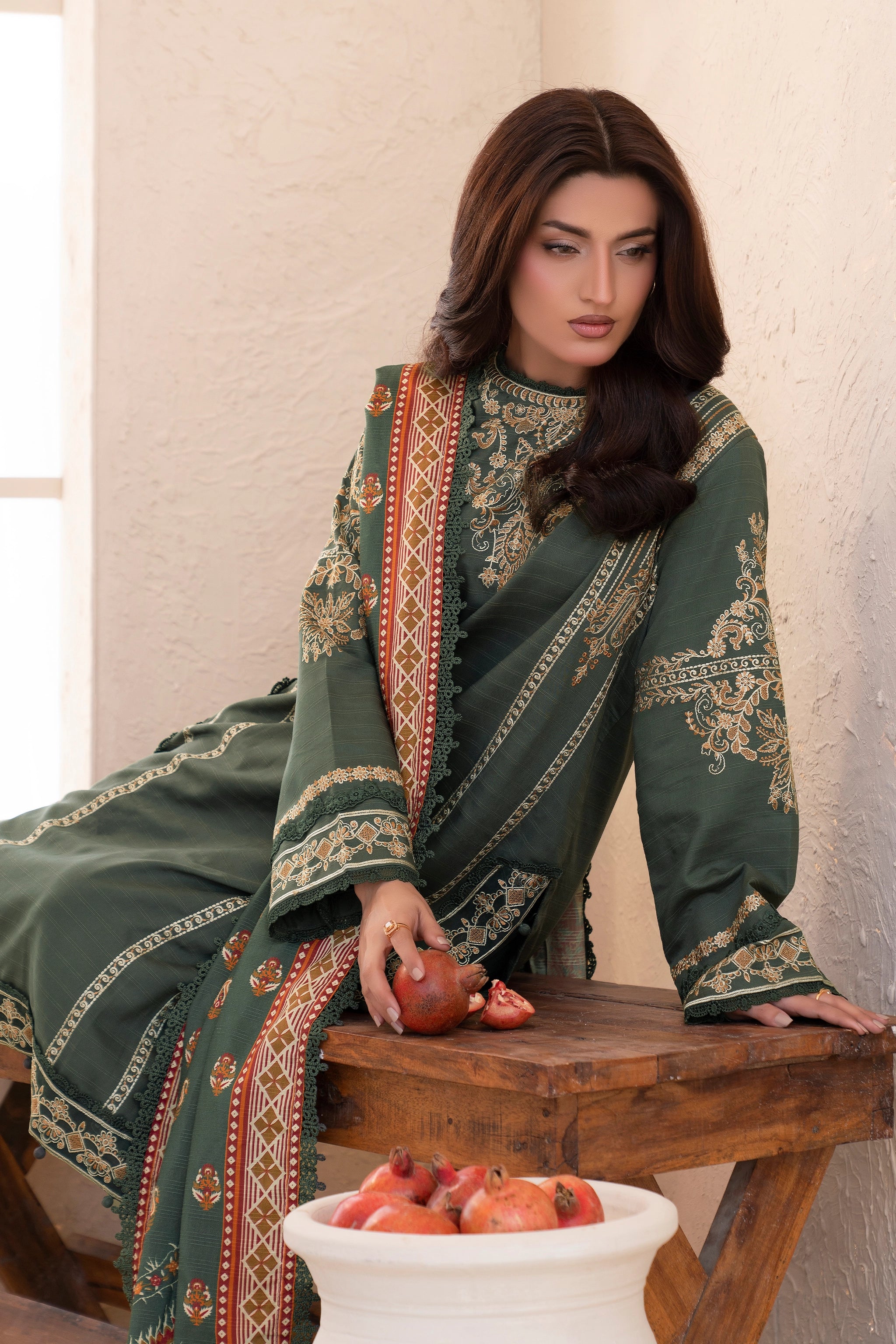 3 Piece Unstitched Rifle Green Premium Embroidered Lawn - Safa Noor