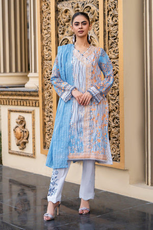3 Piece Unstitched Sky Blue Embroidered Lawn - SafaNoor