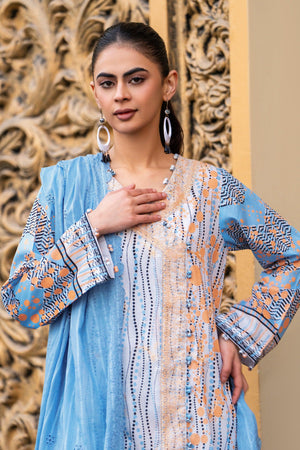 3 Piece Unstitched Sky Blue Embroidered Lawn - SafaNoor