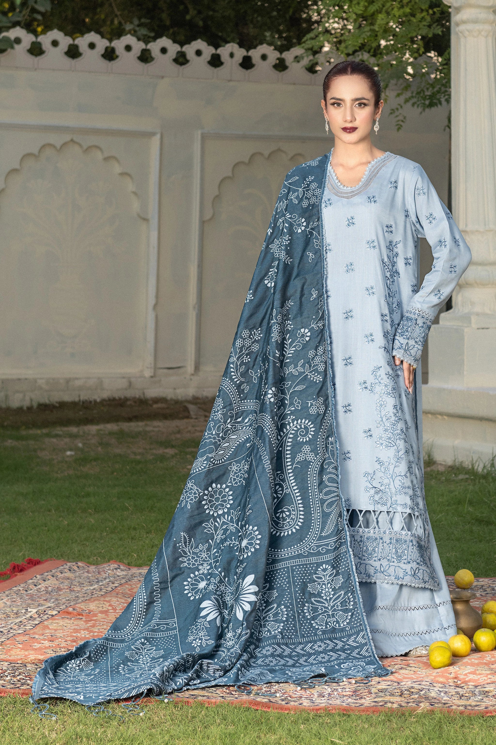 3 Piece Unstitched Texture Dye Cadet Blue Embroidered Suit