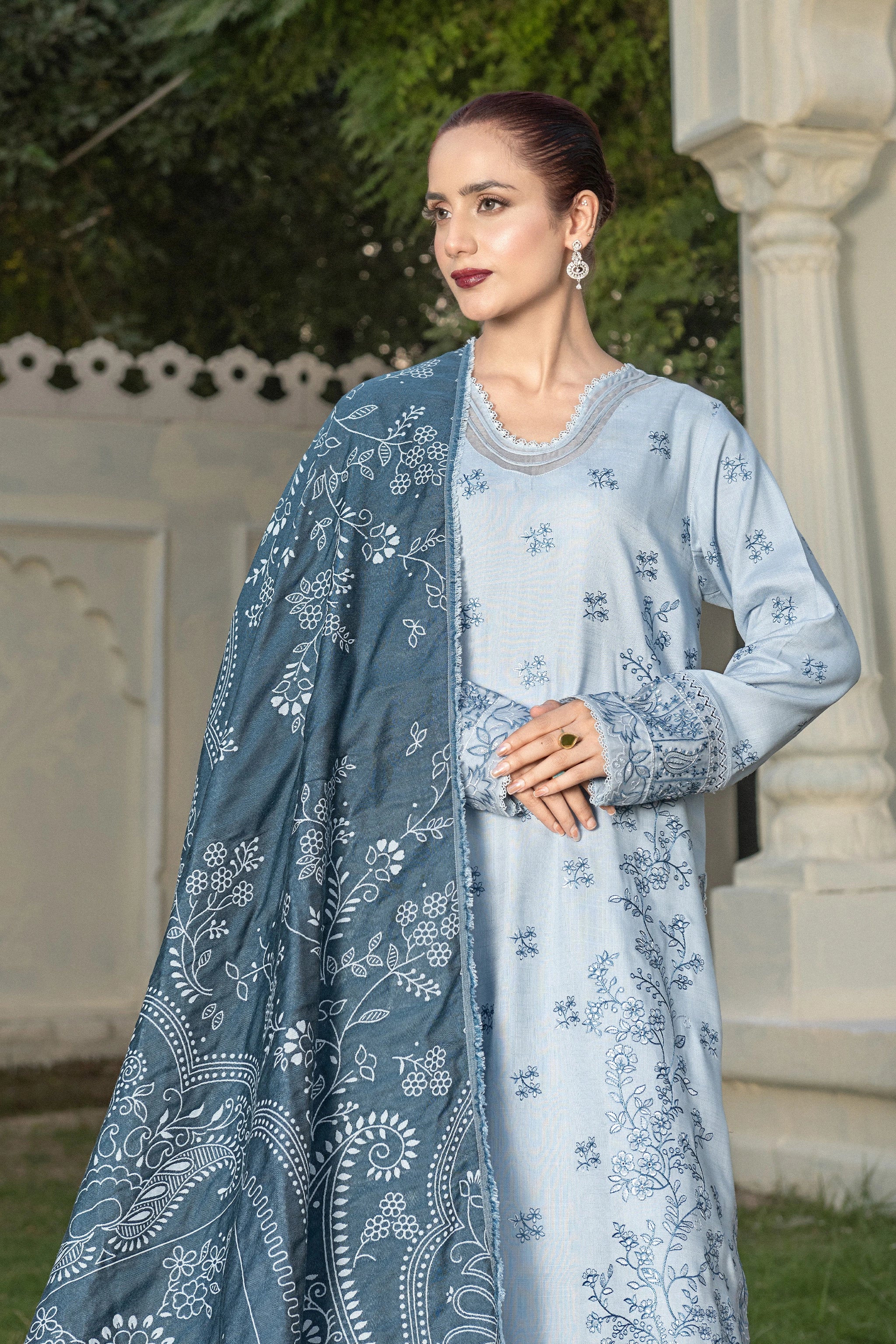 3 Piece Unstitched Texture Dye Cadet Blue Embroidered Suit