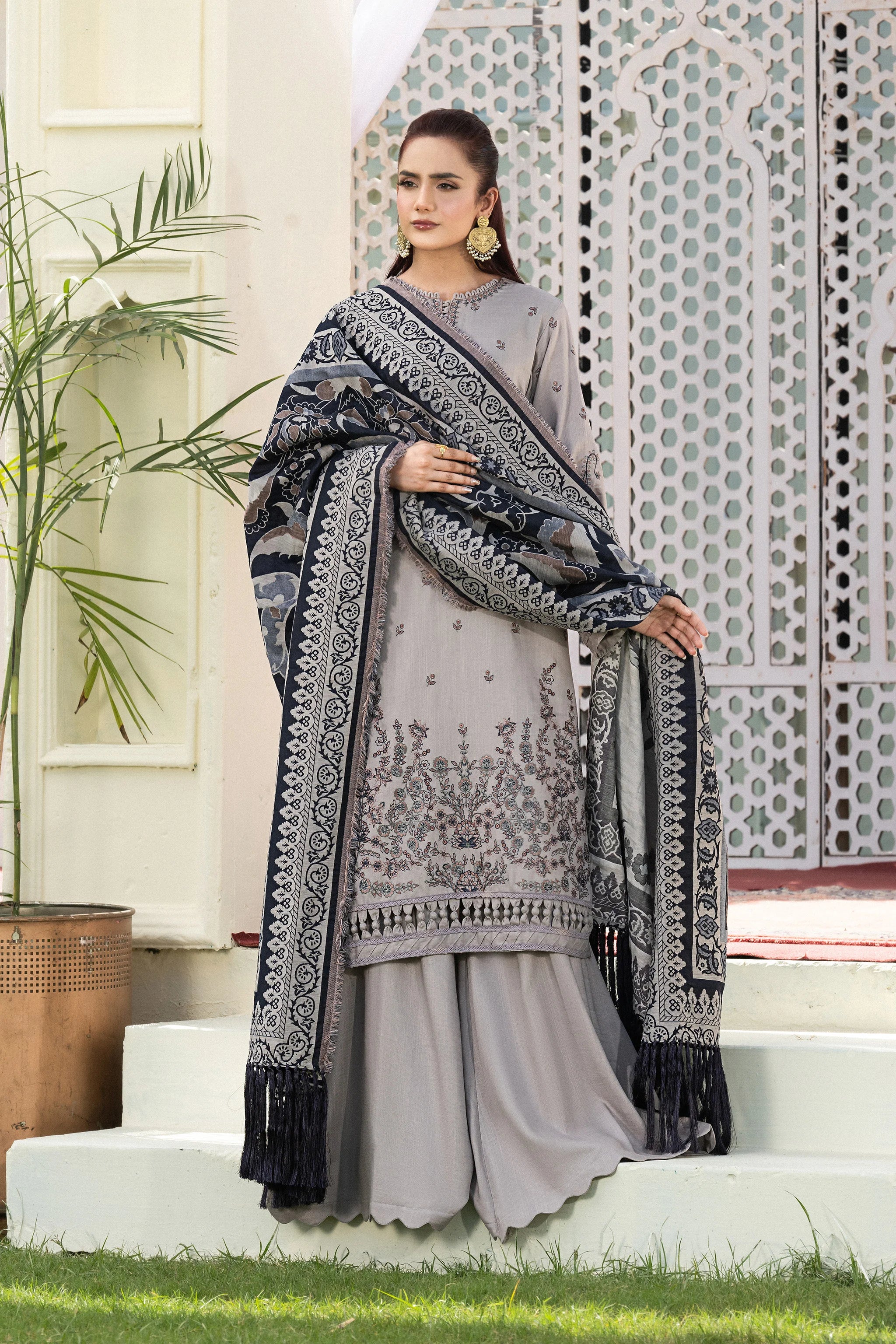 3 Piece Unstitched Texture Dye Gray Embroidered Suit