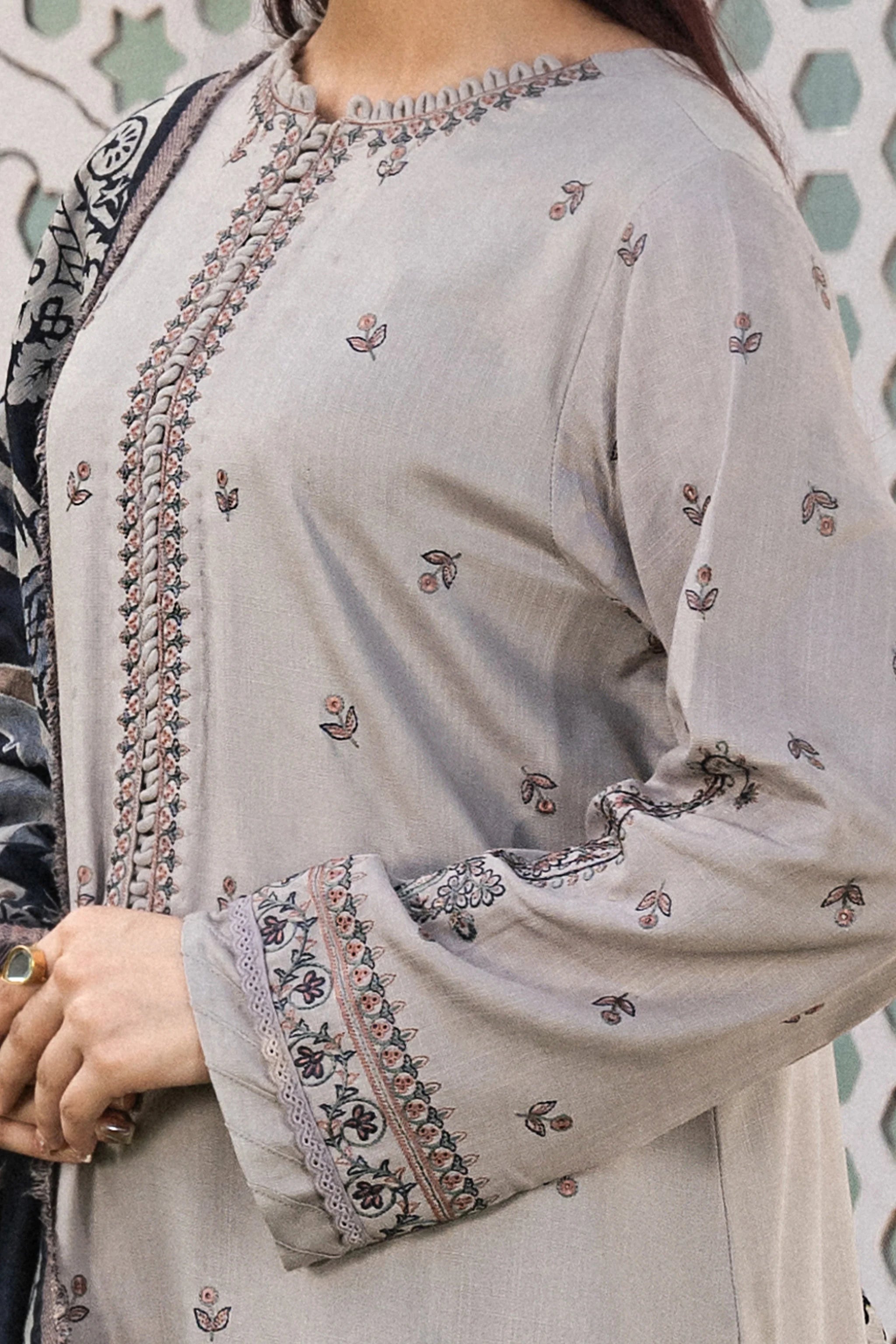 3 Piece Unstitched Texture Dye Gray Embroidered Suit