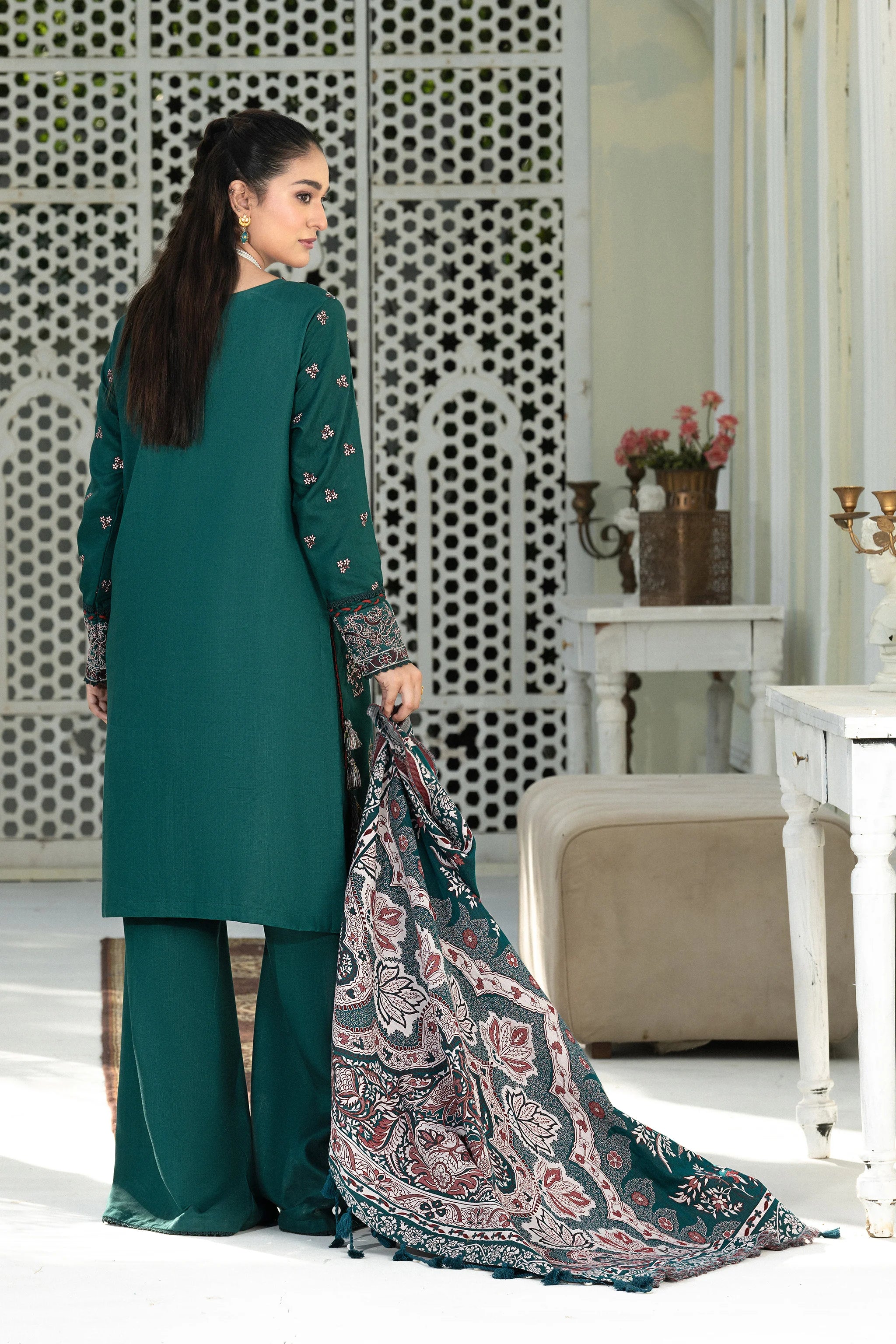 3 Piece Unstitched Texture Dye Green Embroidered Suit