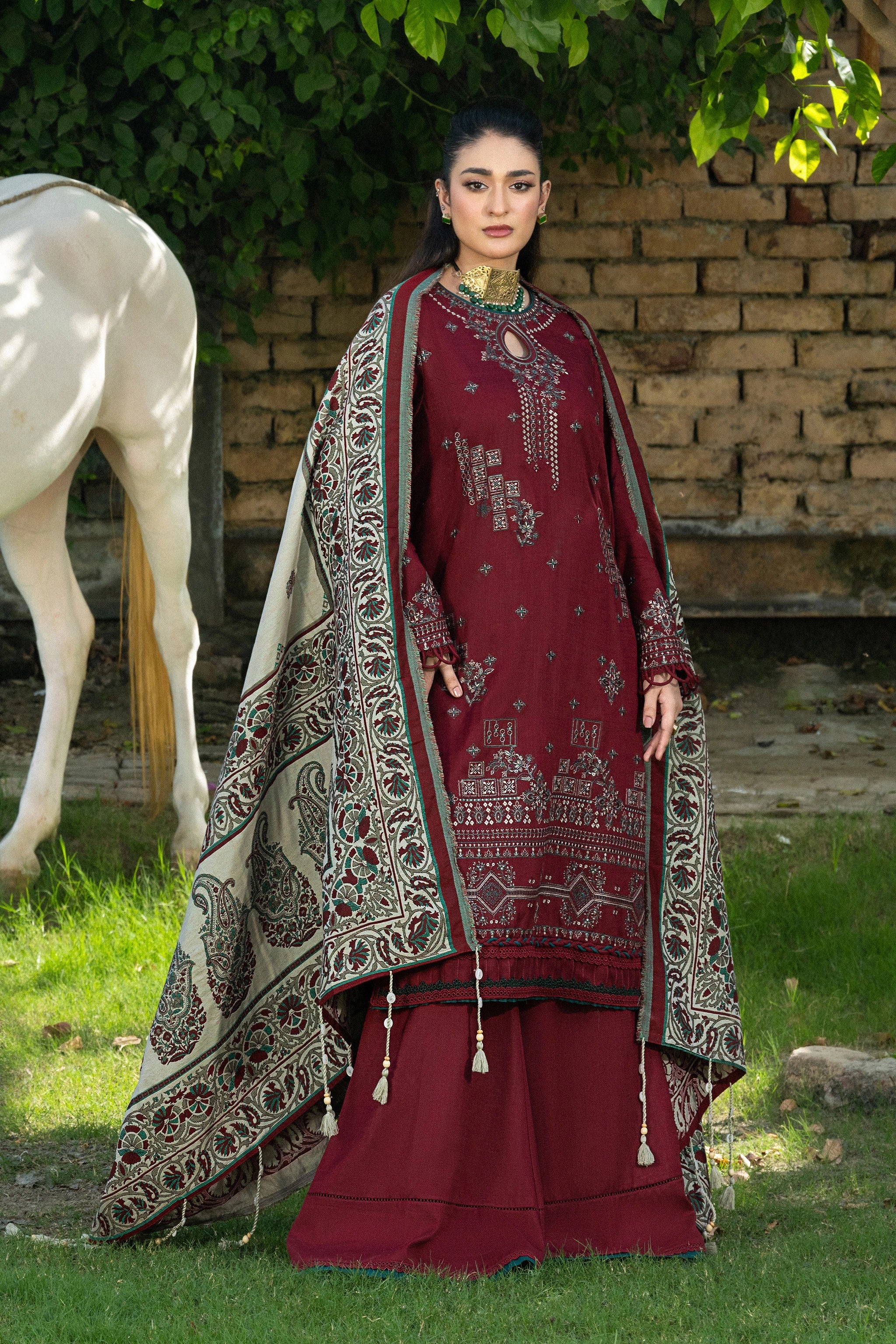 3 Piece Unstitched Texture Dye Maroon Embroidered Suit