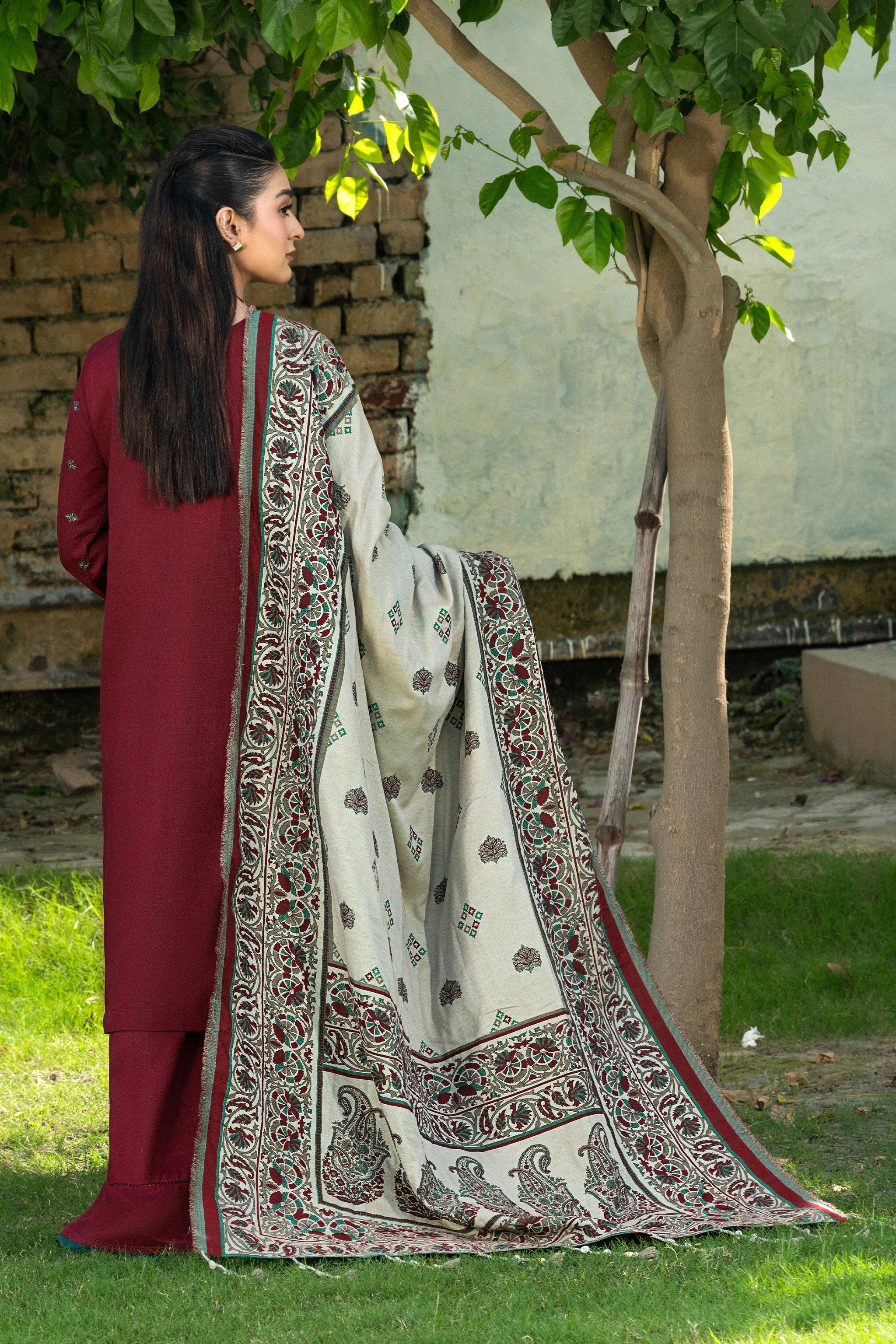 3 Piece Unstitched Texture Dye Maroon Embroidered Suit
