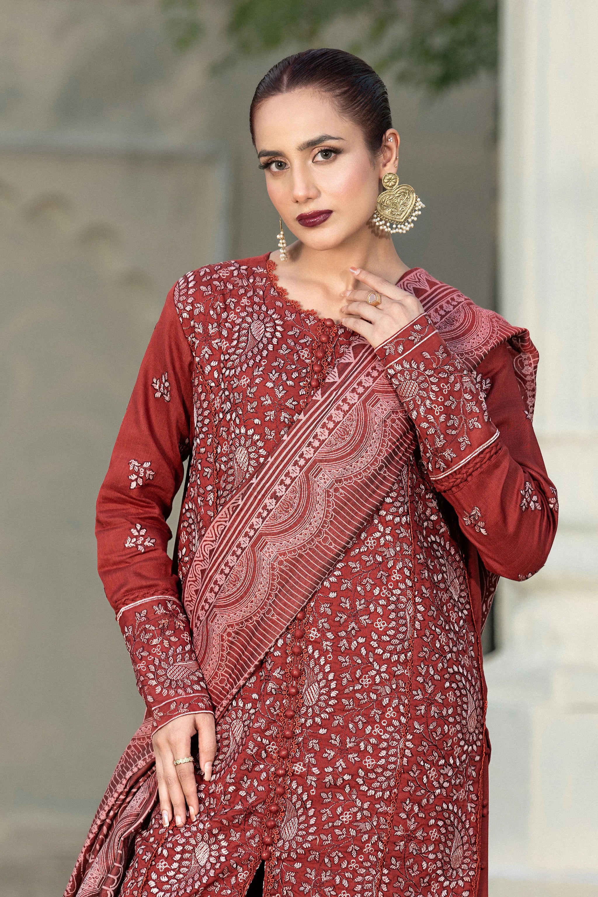 3 Piece Unstitched Texture Dye Pale Carmine Embroidered Suit