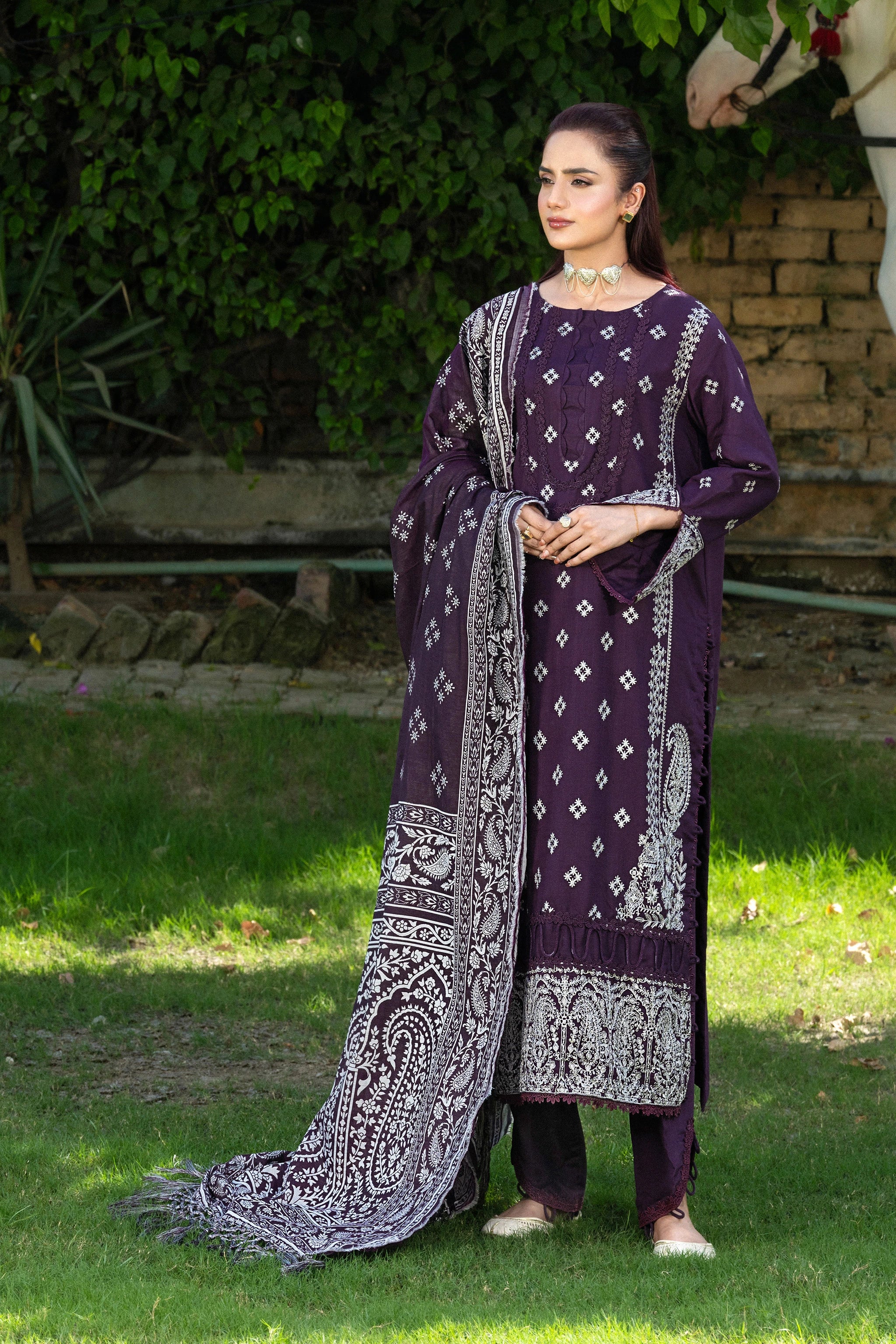 3 Piece Unstitched Texture Dye Purple Embroidered Suit
