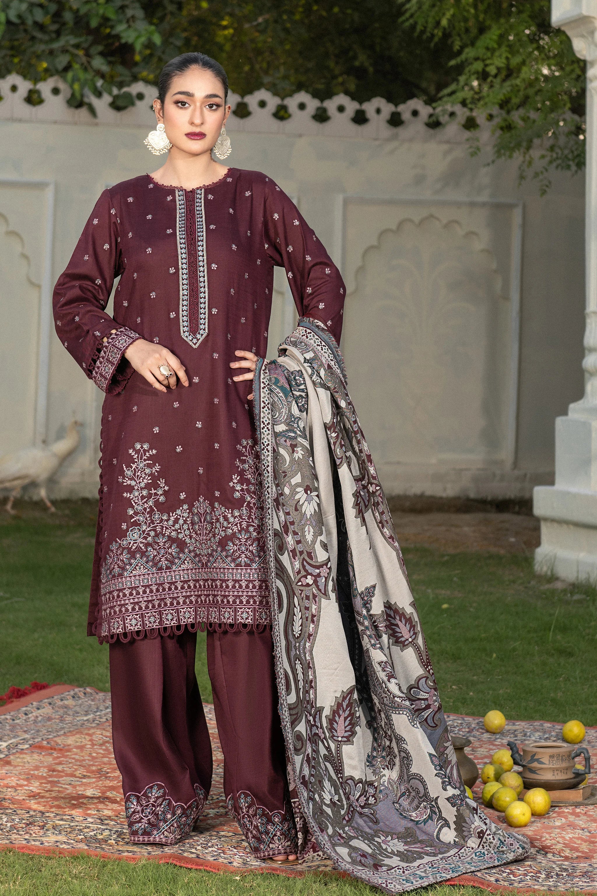 3 Piece Unstitched Texture Dye Seal Brown Embroidered Suit