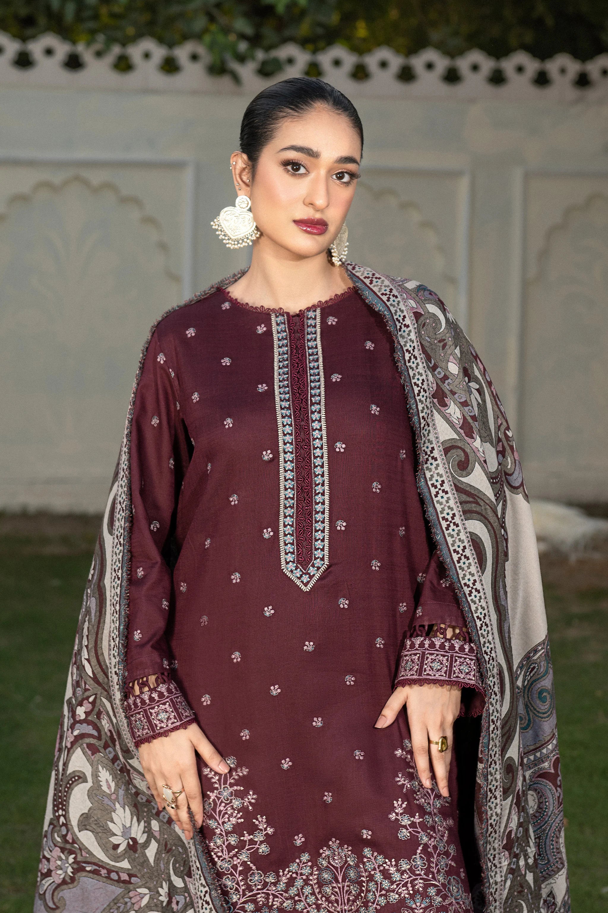 3 Piece Unstitched Texture Dye Seal Brown Embroidered Suit