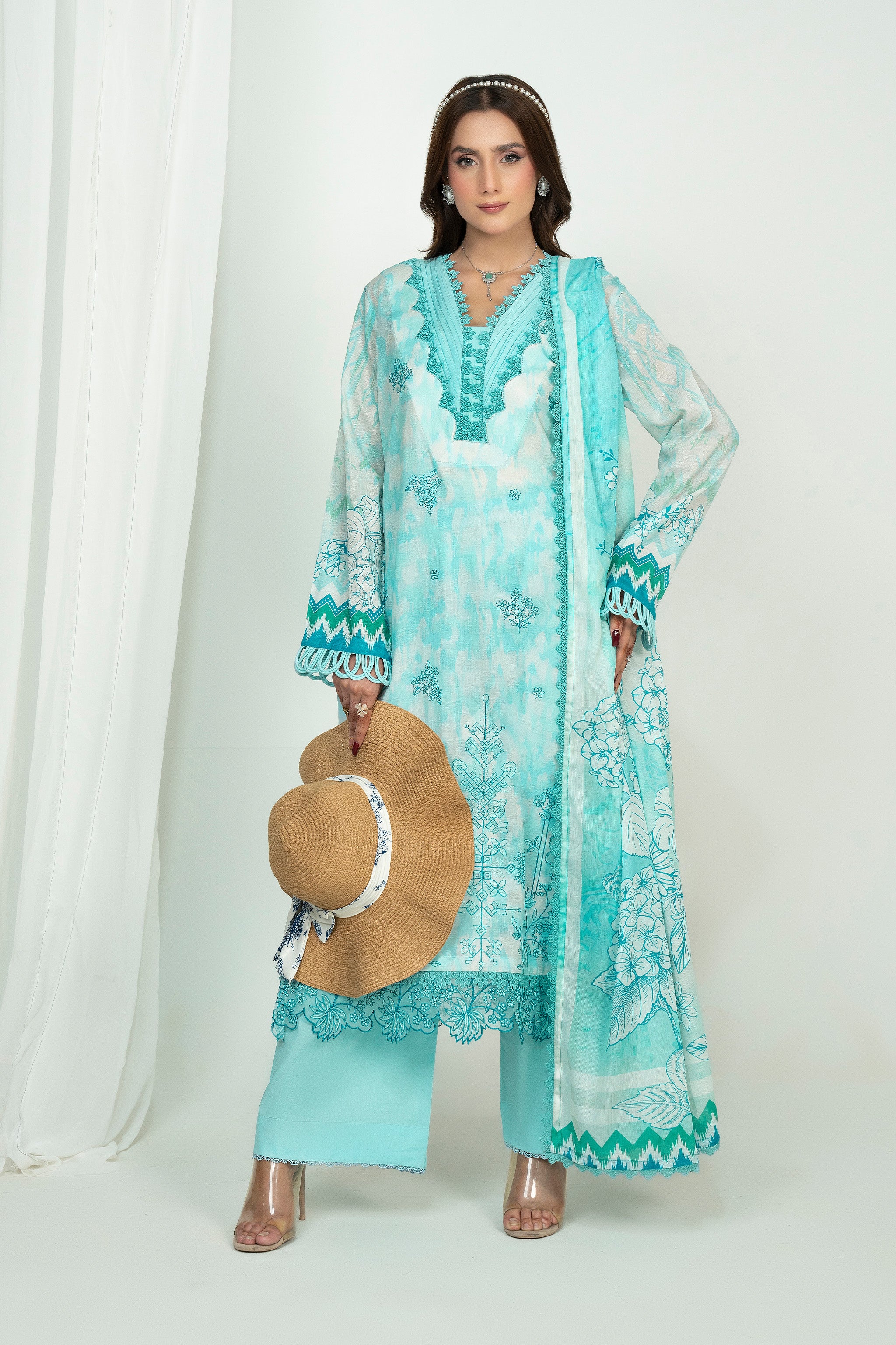 3 Piece Unstitched Turquoise Embroidered Lawn Secondary image
