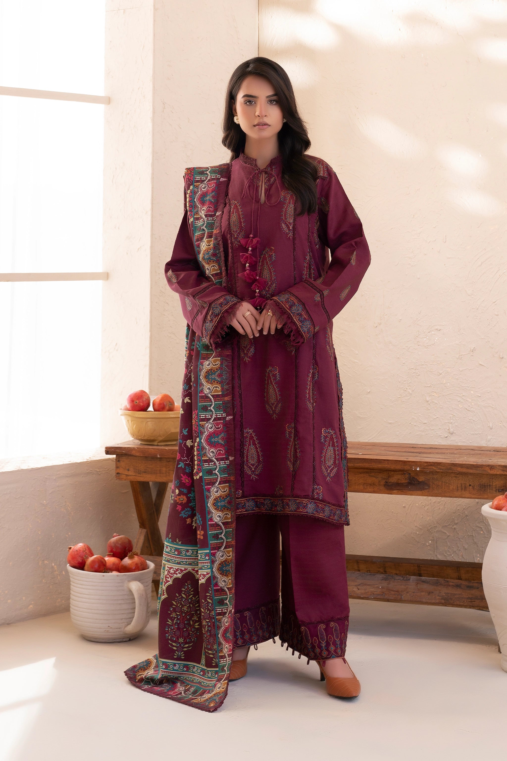 3 Piece Unstitched Wine Premium Embroidered Lawn -Safa Noor