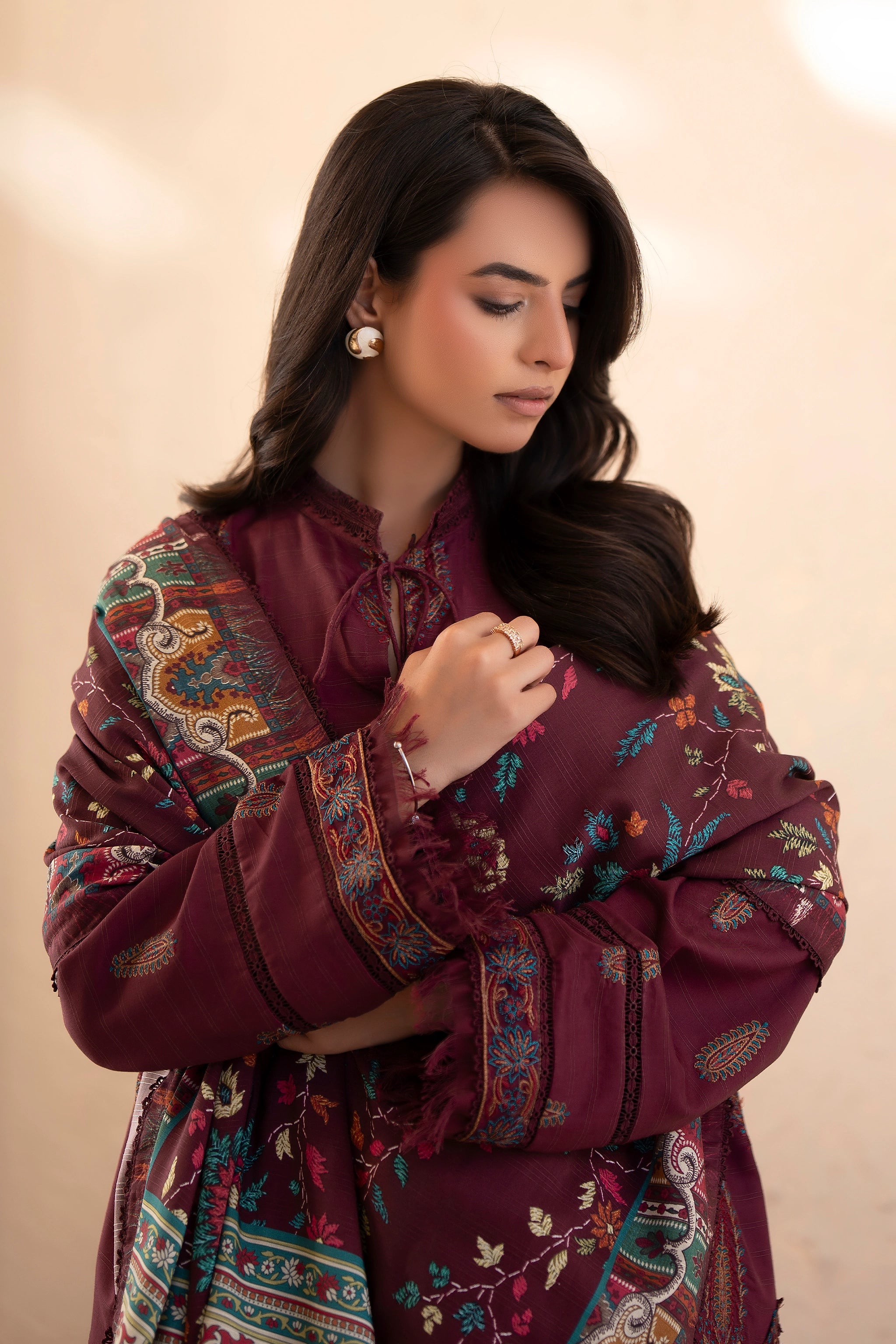 3 Piece Unstitched Wine Premium Embroidered Lawn -Safa Noor