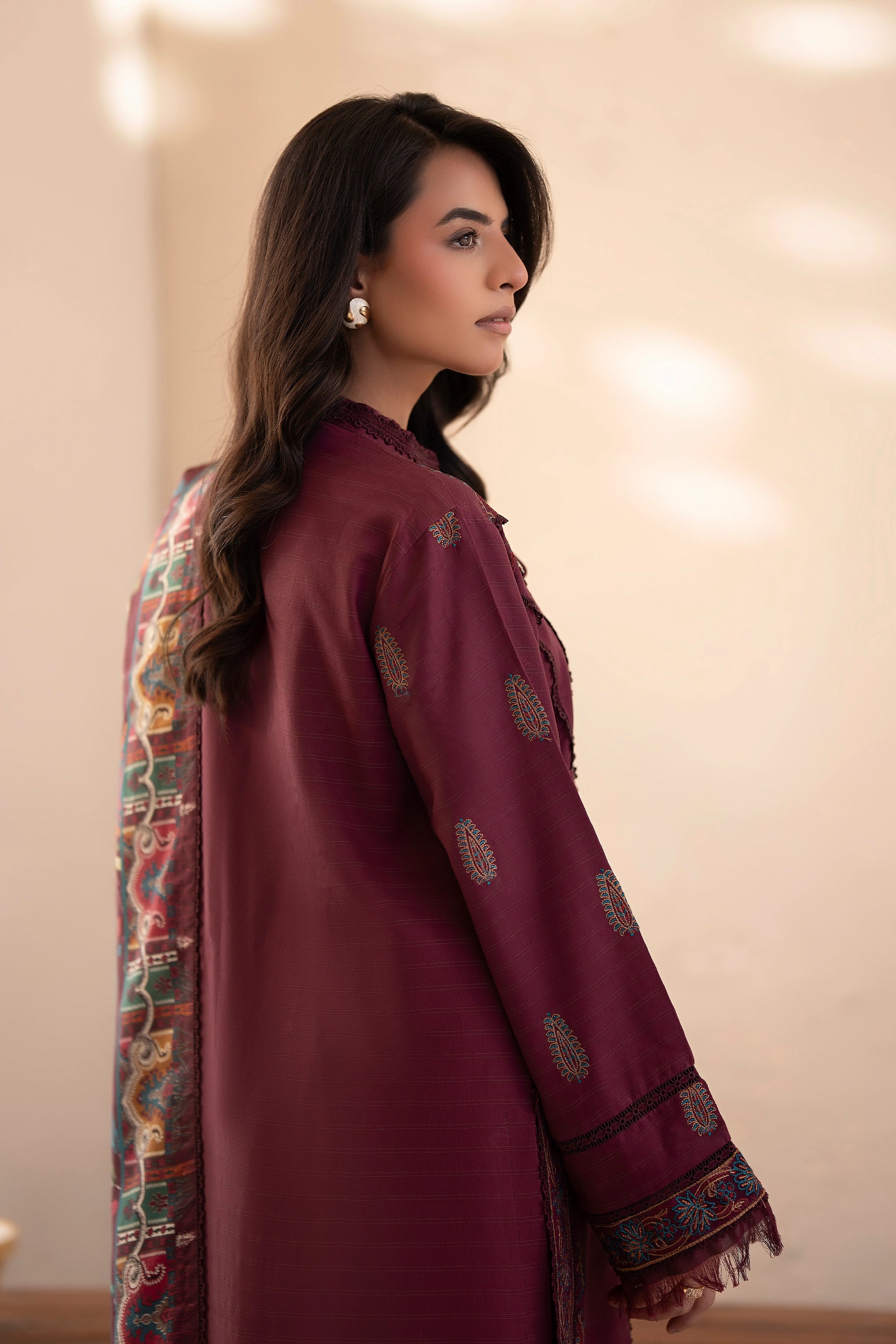 3 Piece Unstitched Wine Premium Embroidered Lawn -Safa Noor