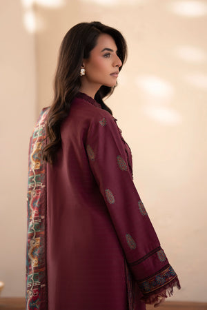 3 Piece Unstitched Wine Premium Embroidered Lawn -Safa Noor
