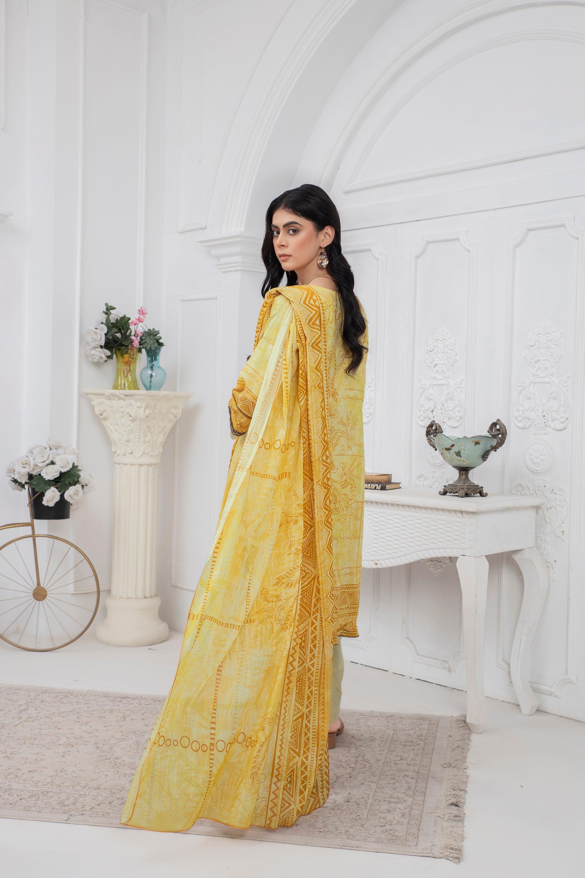 3 Piece Unstitched Yellow Embroidered Lawn - (Vol-67/17)3P-S-24-D-4 - SAFANOOR