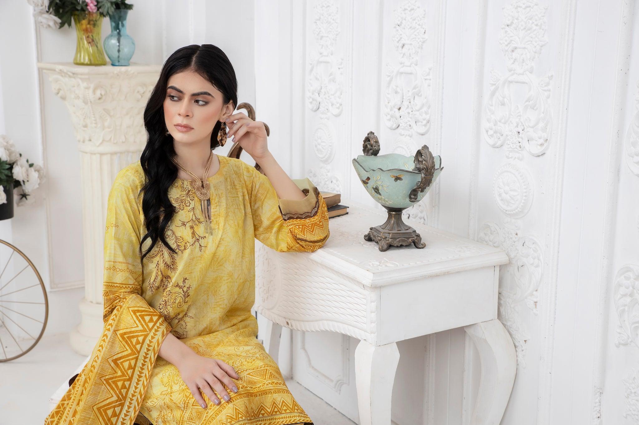 3 Piece Unstitched Yellow Embroidered Lawn - (Vol-67/17)3P-S-24-D-4 - SAFANOOR