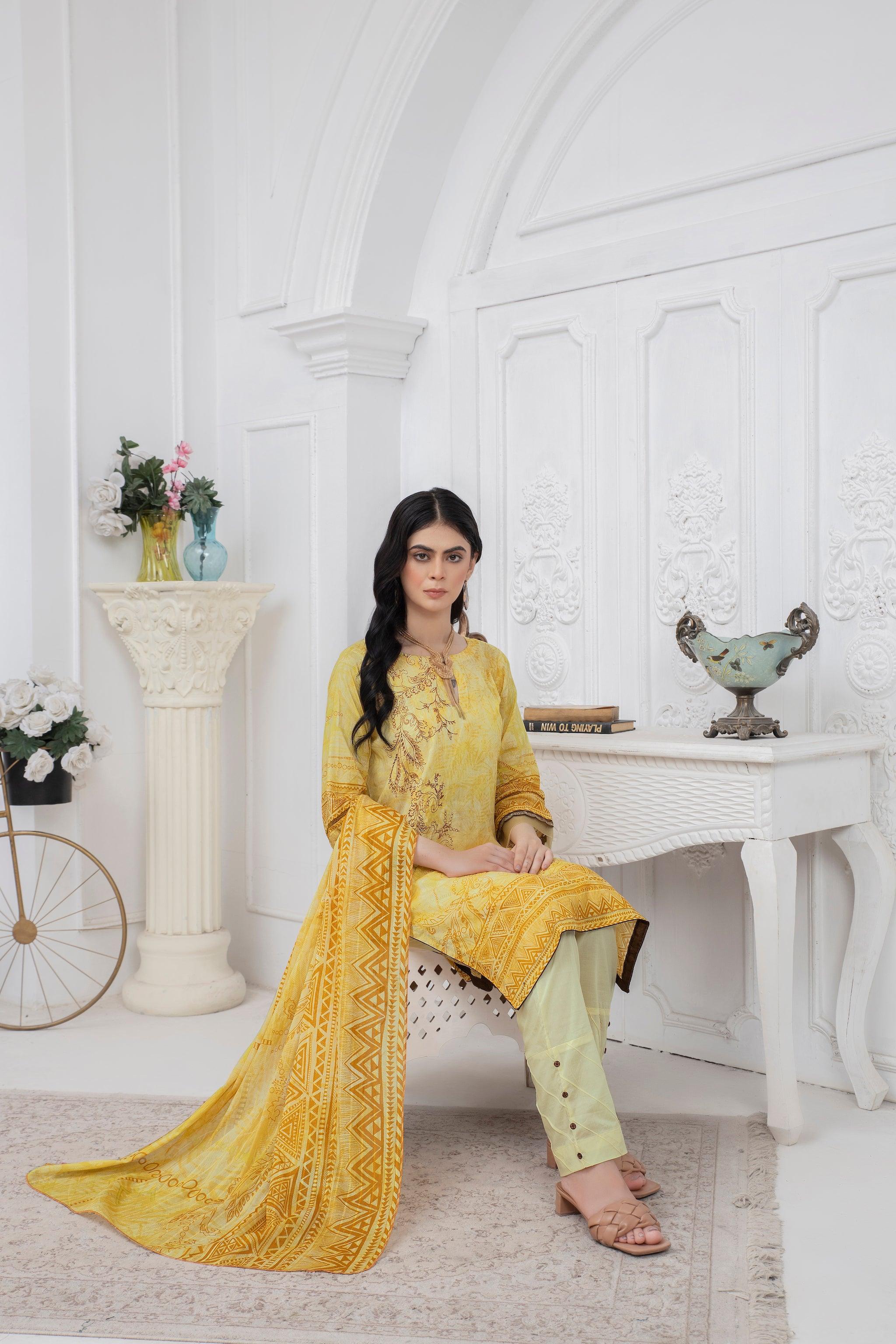 3 Piece Unstitched Yellow Embroidered Lawn - (Vol-67/17)3P-S-24-D-4 - SAFANOOR