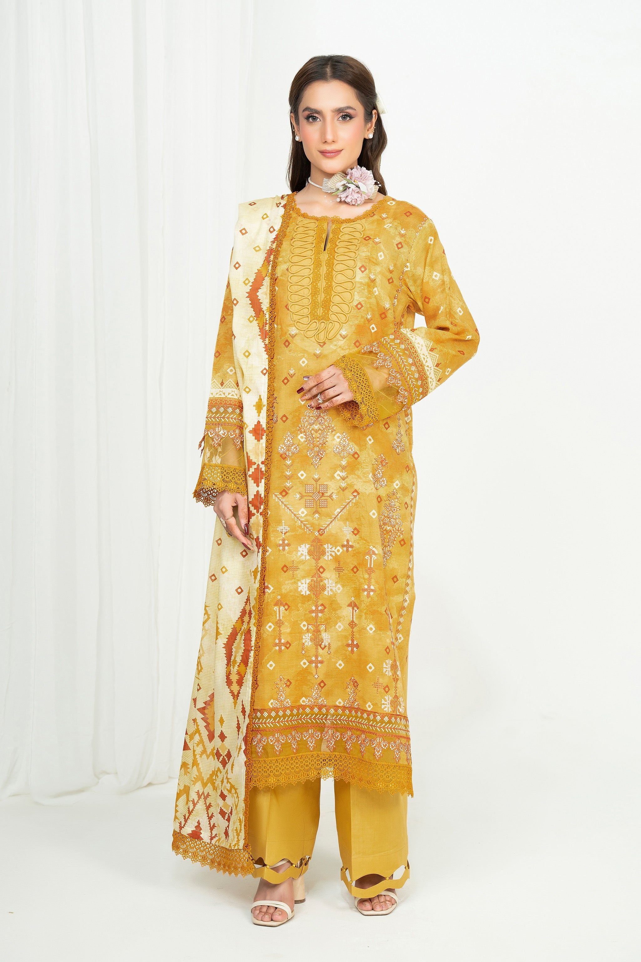 3 Piece Unstitched Yellow Embroidered Lawn Secondary image