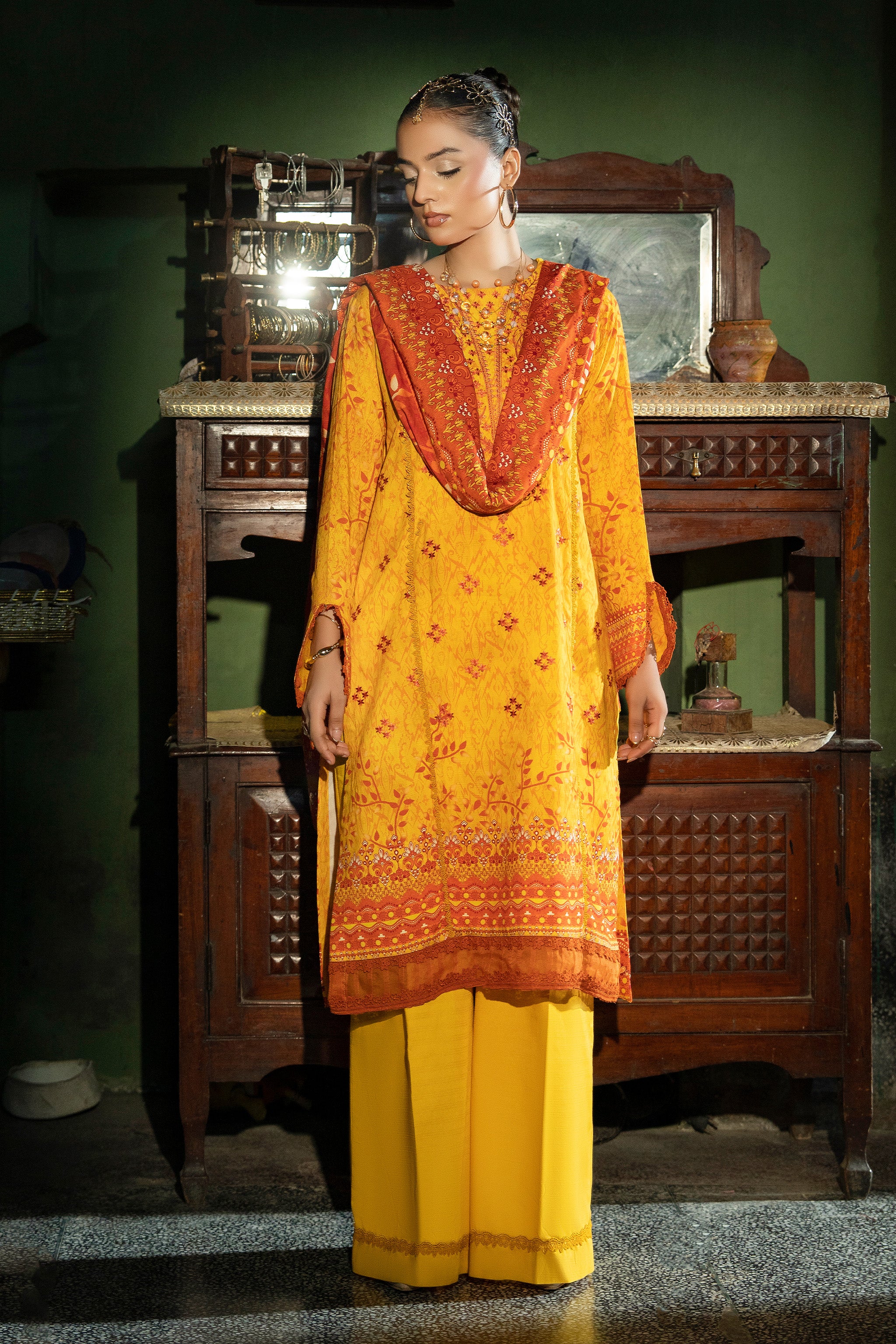 3 Piece Unstitched Yellow Embroidered Linen Secondary image