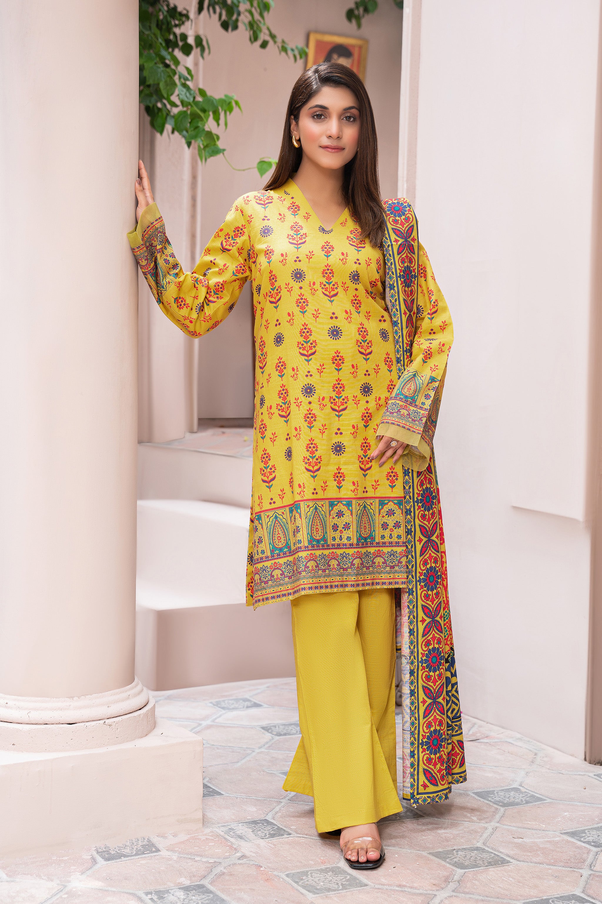 3 Piece Unstitched Yellow Printed Khaddar Secondary image