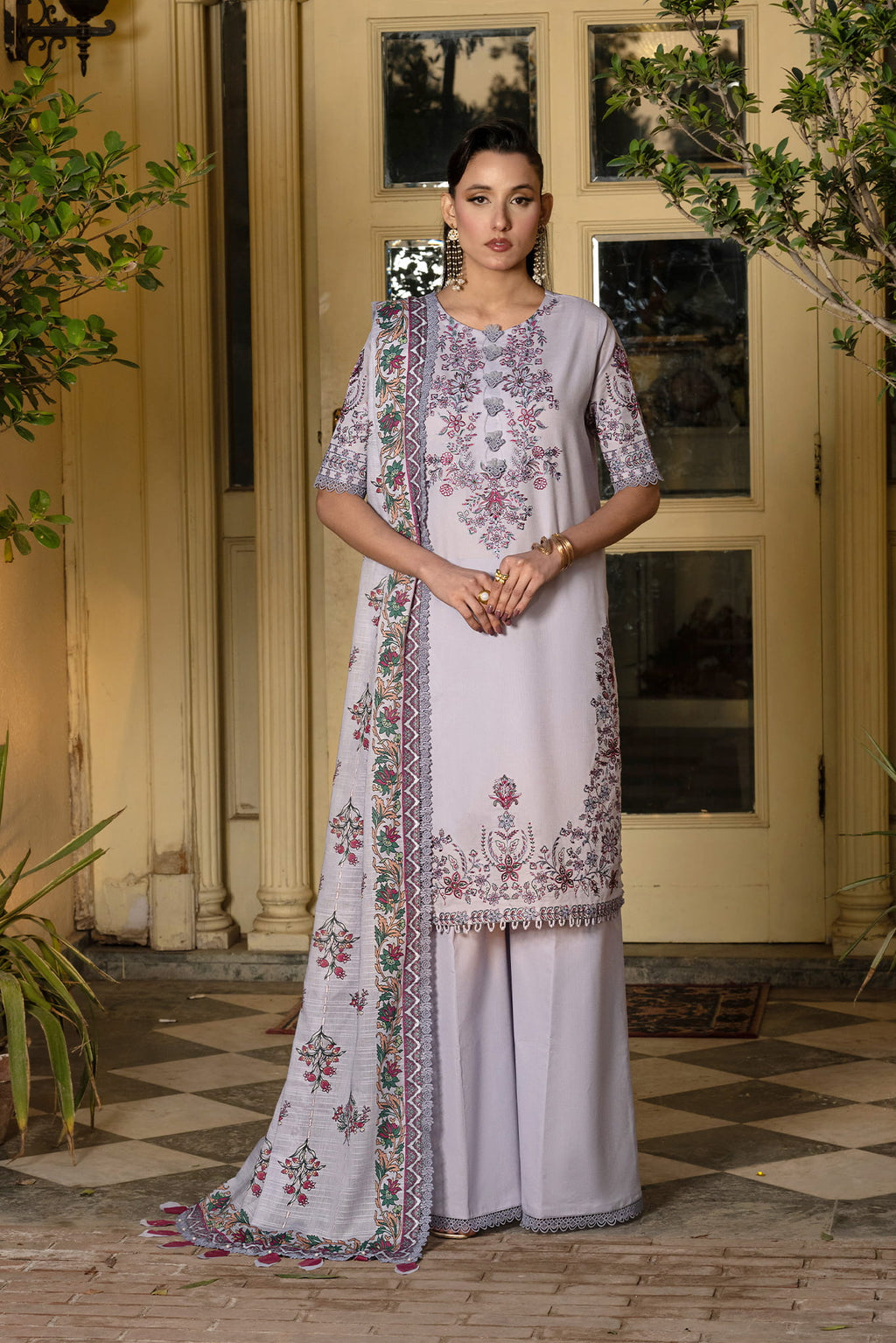 3 Piece Unstitched pastel light purple Luxury Embroidered Lawn Suit