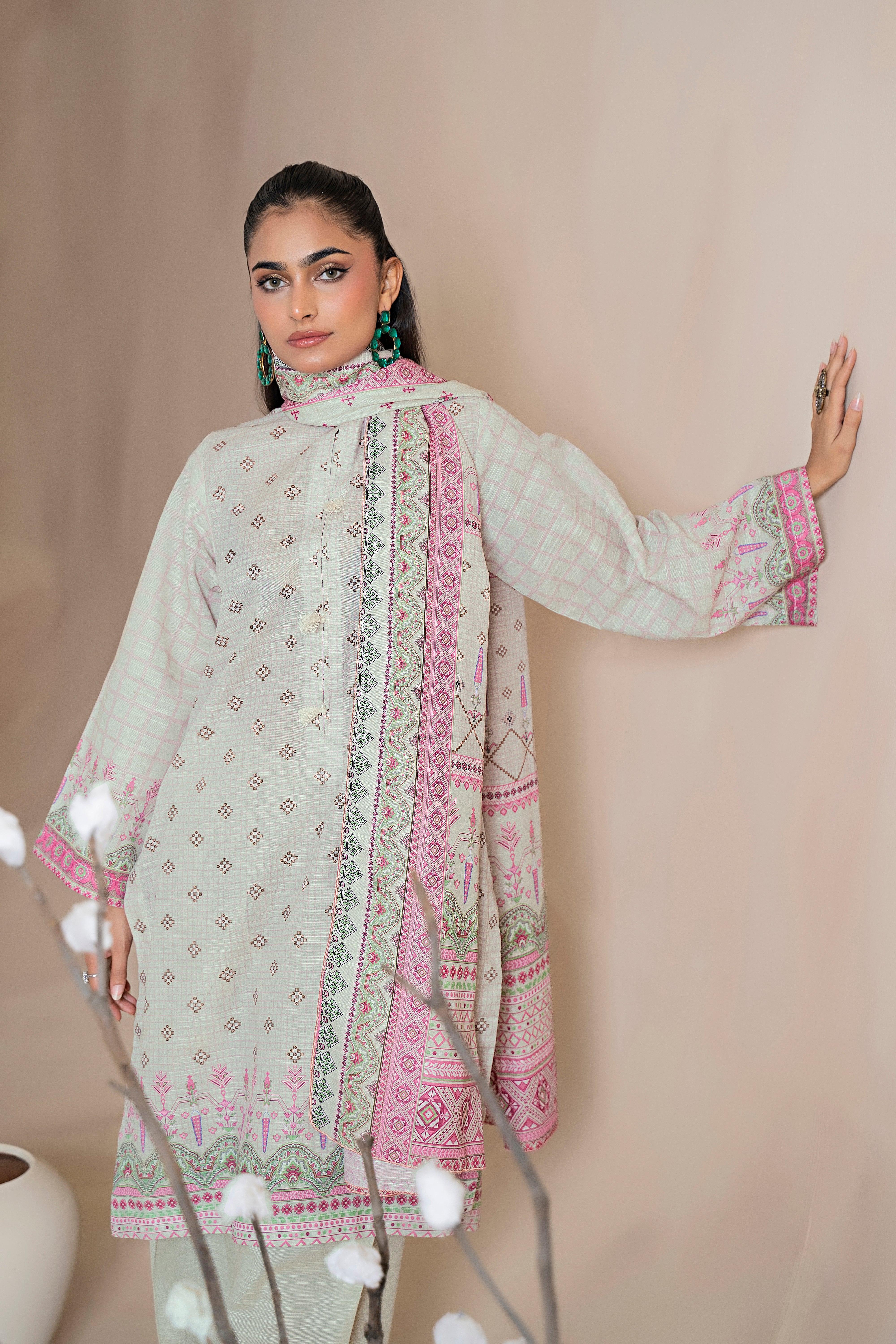 3 Piece White Khaddar Unstitched - SafaNoor