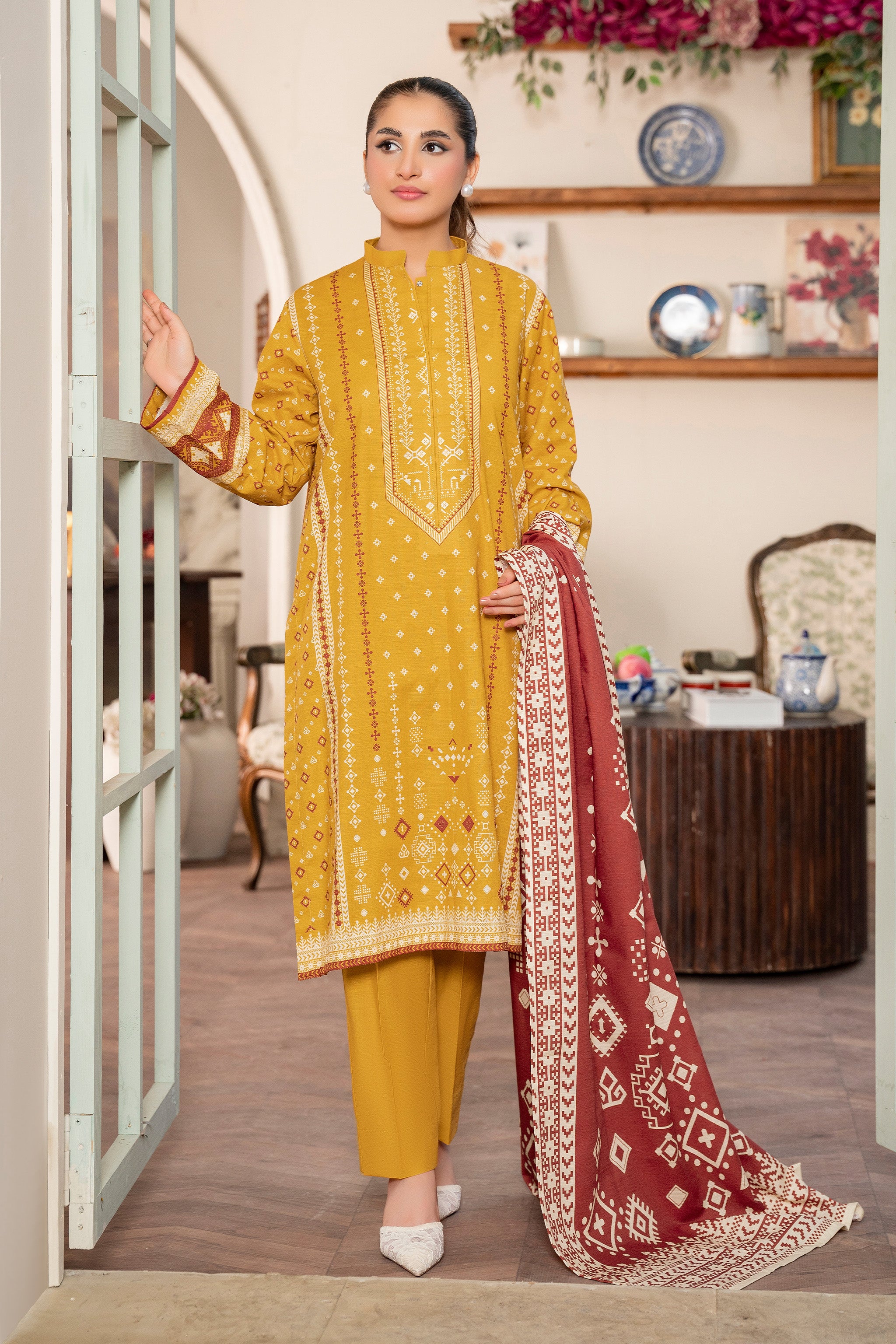 3 Piece Yellow Unstitched Printed Khaddar Secondary image