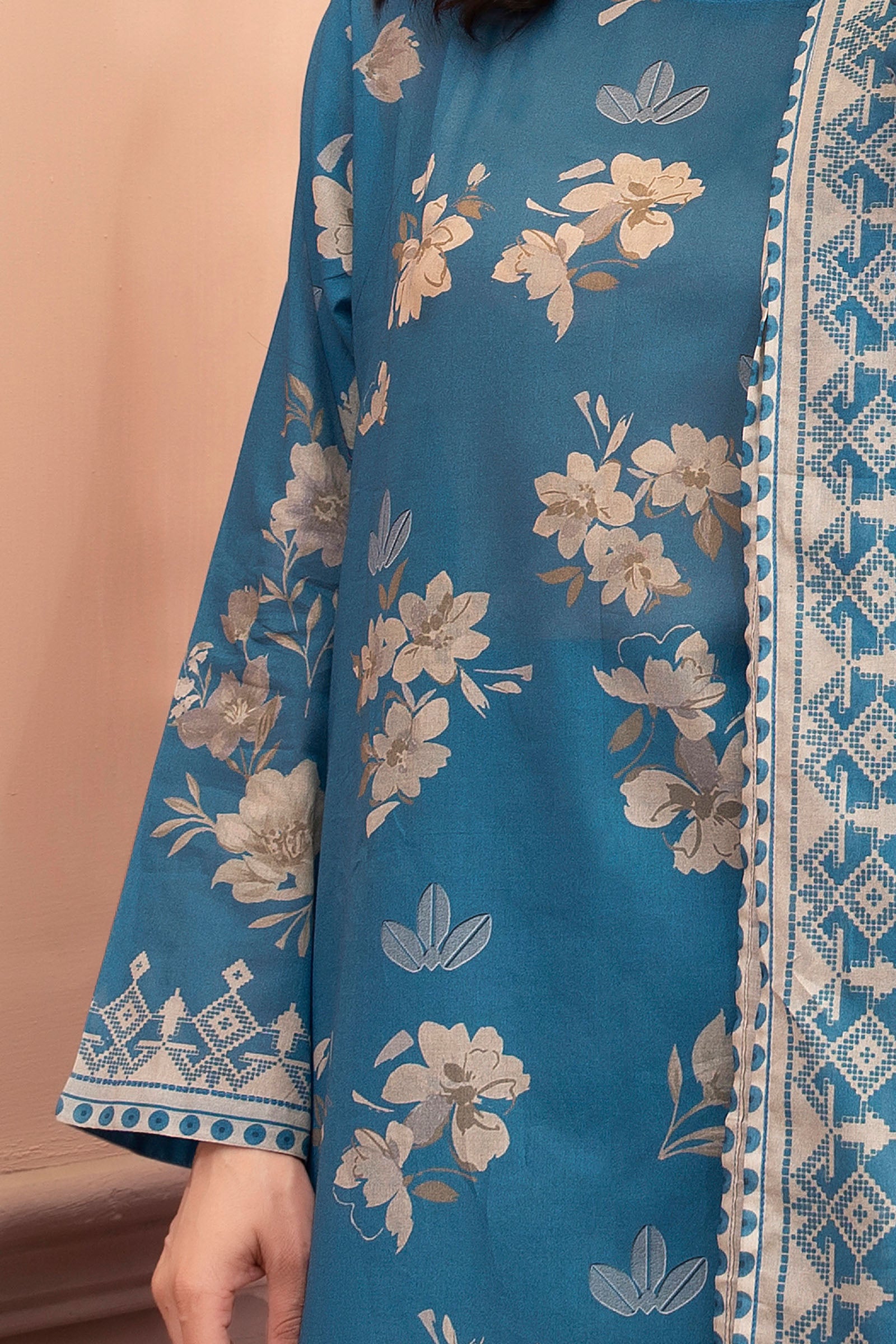 Teal Blue 3 Piece Unstitched Premium Printed Lawn