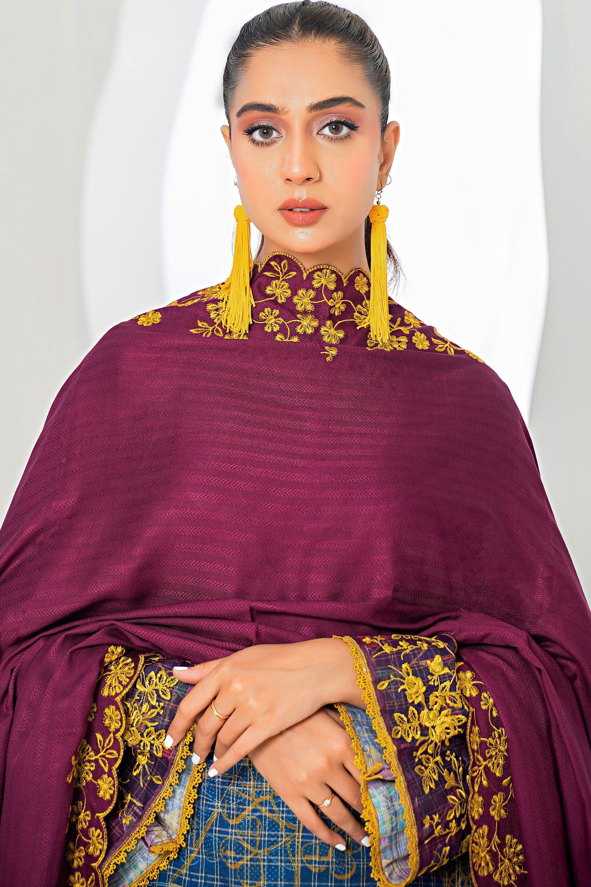 3 Piece Plum Printed Khaddar Unstitched - SafaNoor