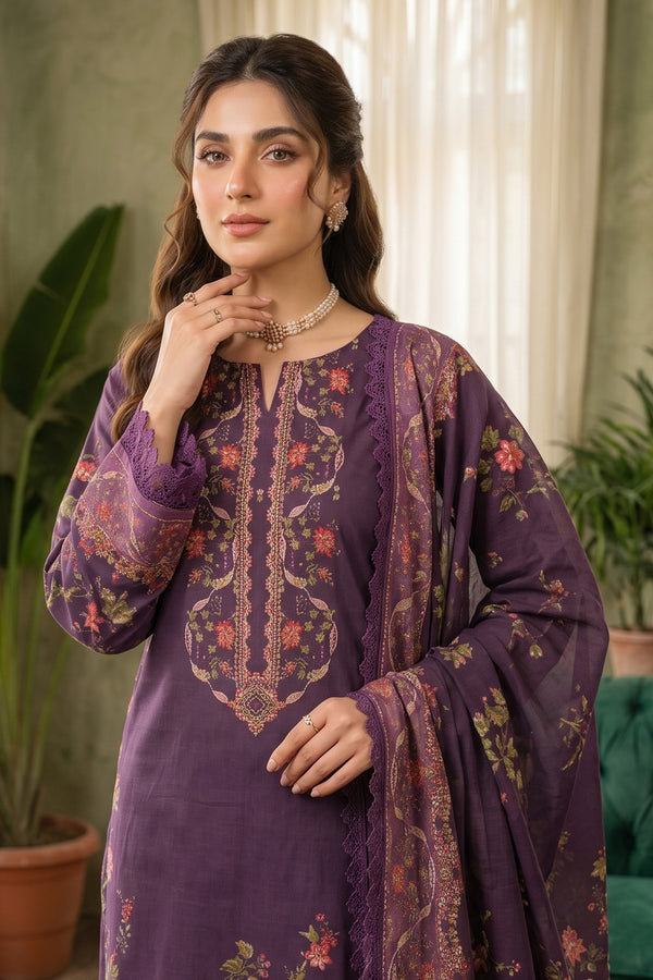 Plum Purple 3 Piece Unstitched Premium Printed Lawn