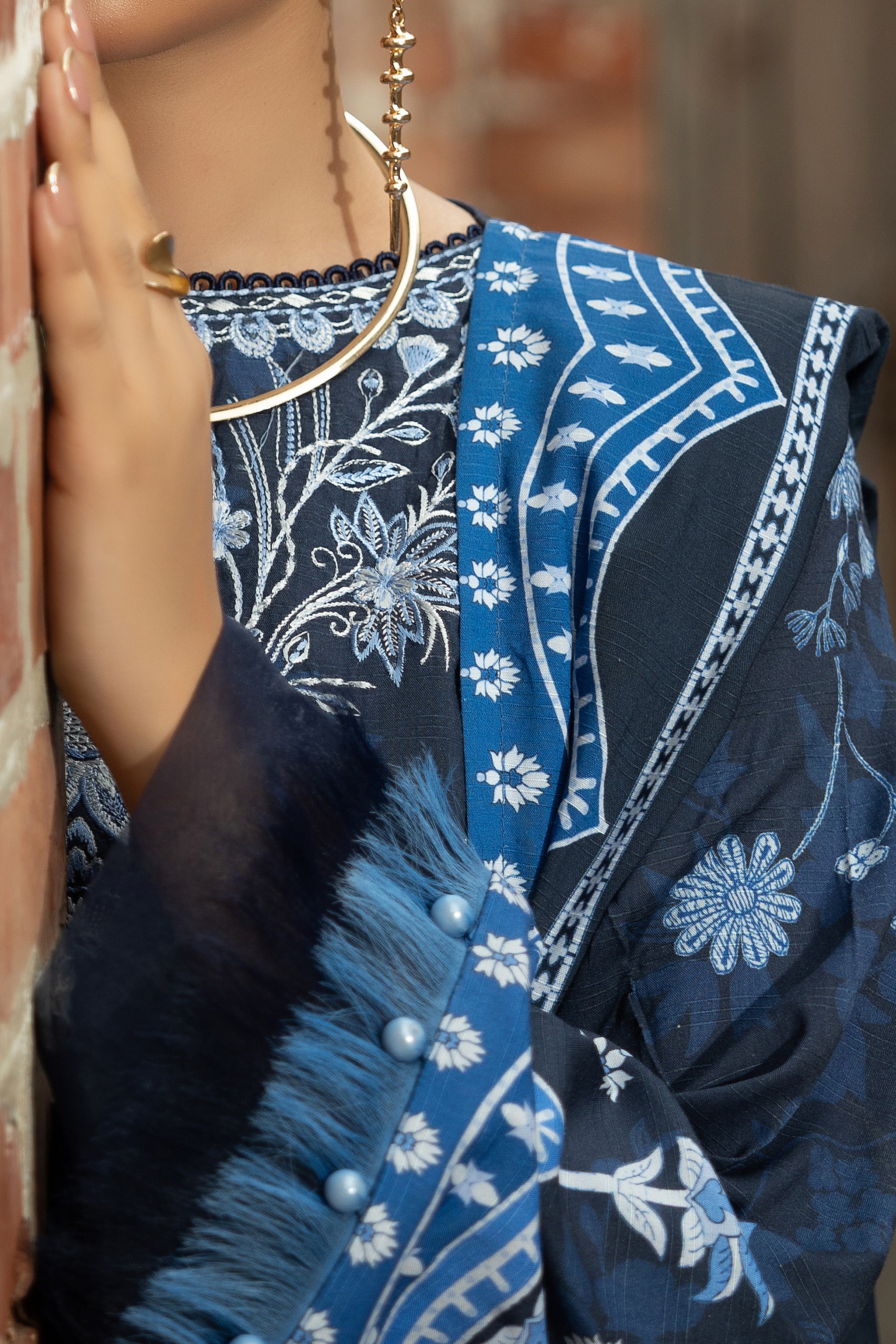 3 Piece Unstitched Navy Blue Embroidered Linen