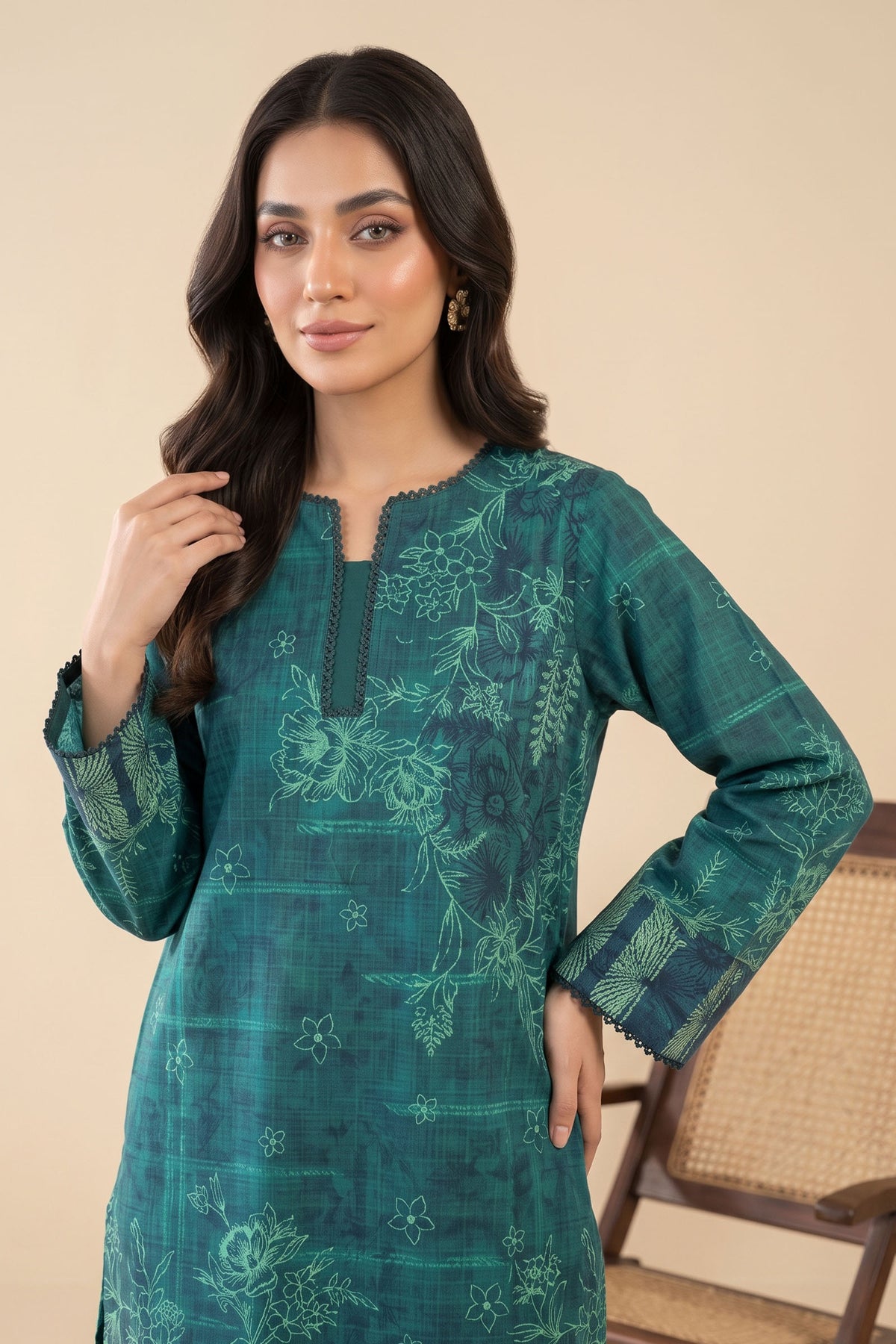 2 Piece Unstitched Digital Print Lace Khaddar - Green