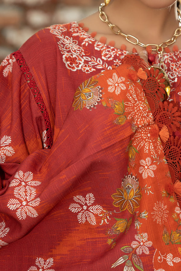 3 Piece Unstitched Rust Embroidered Linen