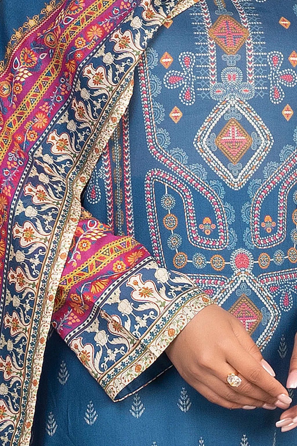 3 Piece Unstitched Sea Blue Premium Printed Lawn