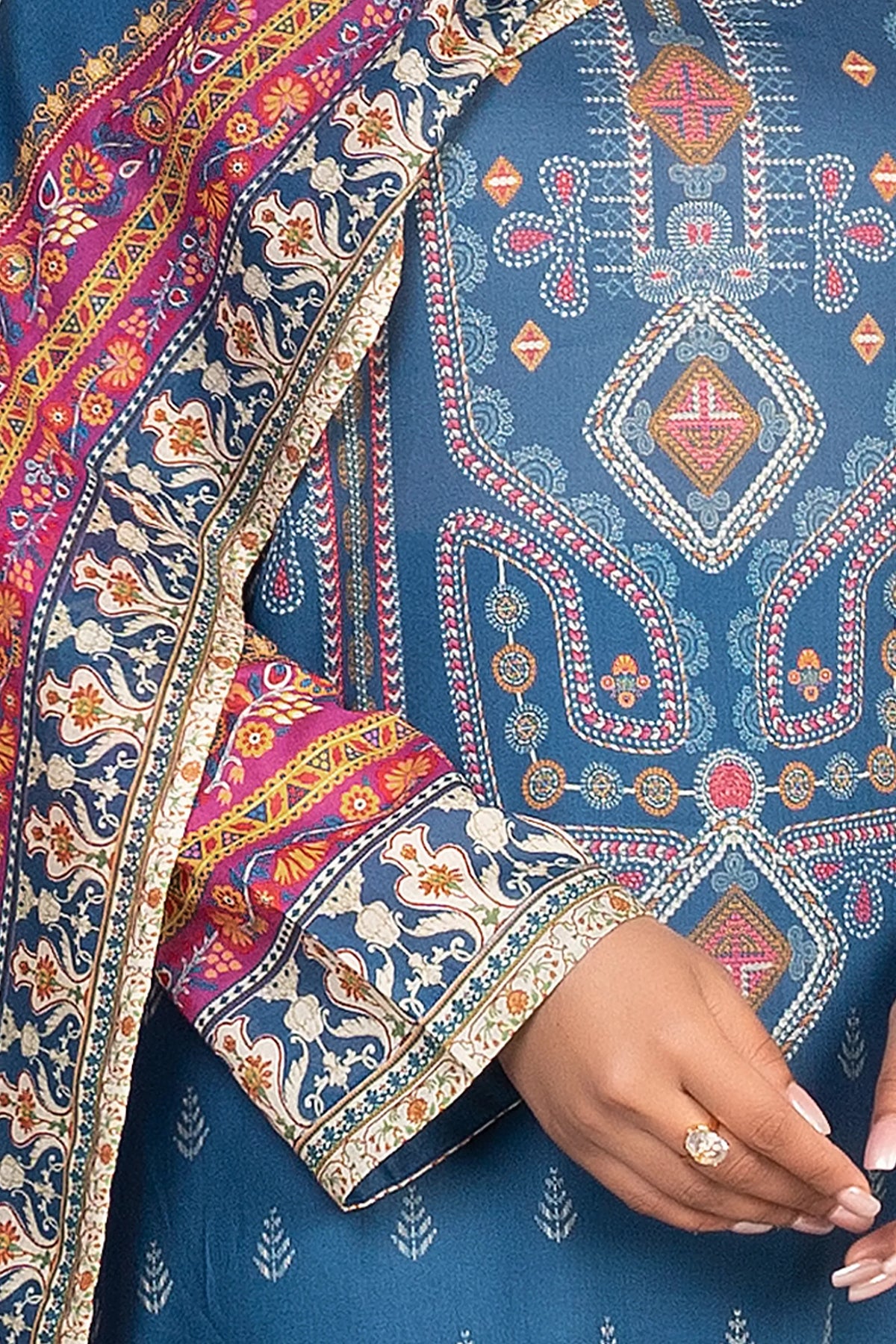 3 Piece Unstitched Sea Blue Premium Printed Lawn