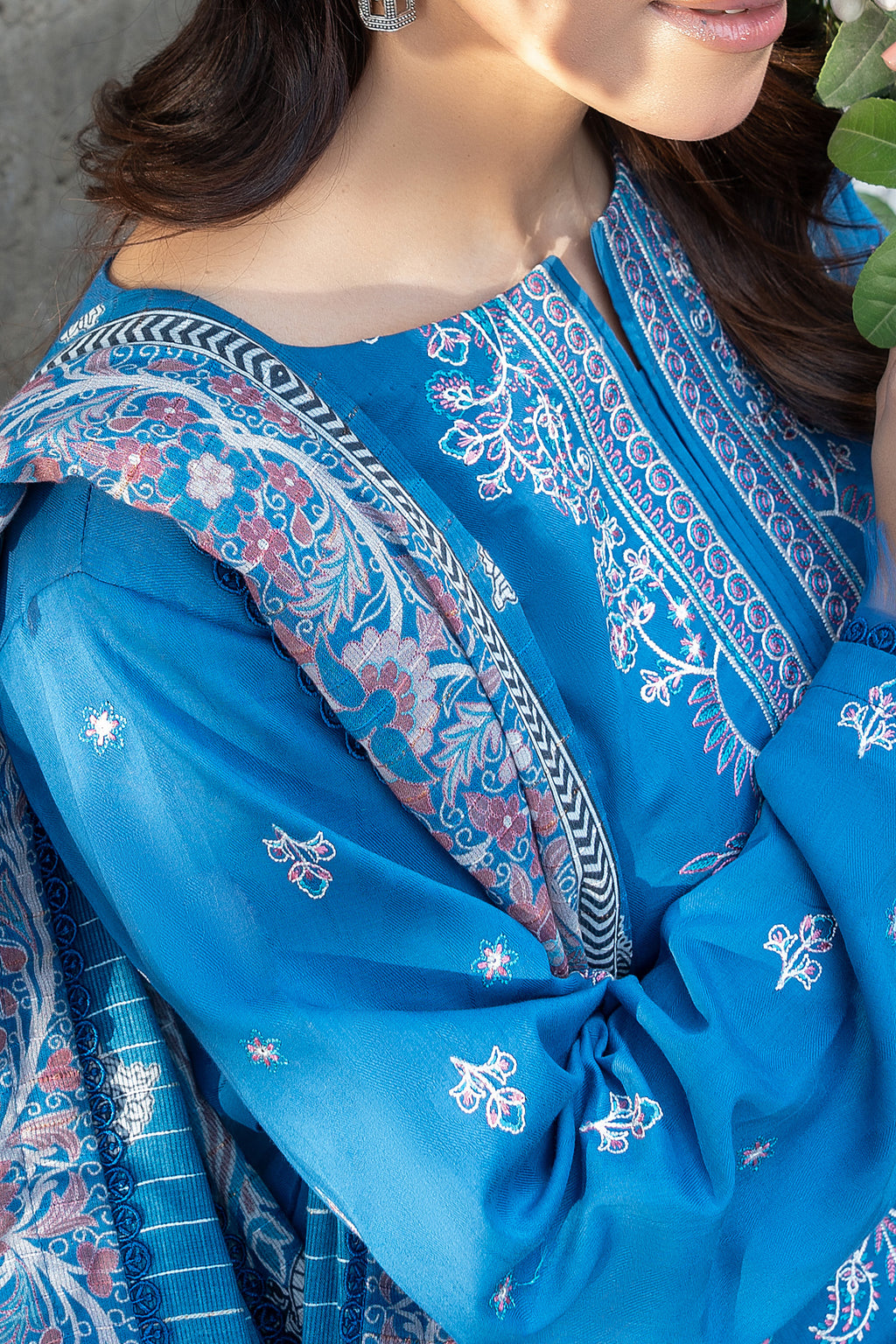 3 Piece Unstitched French Blue Premium Emb Lawn