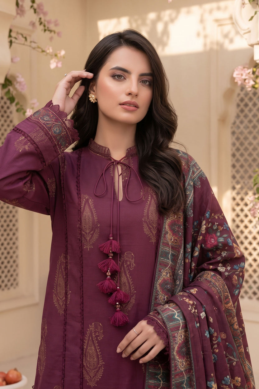 Unstitched Premium Printed 3 Piece Maroon Suit Main image