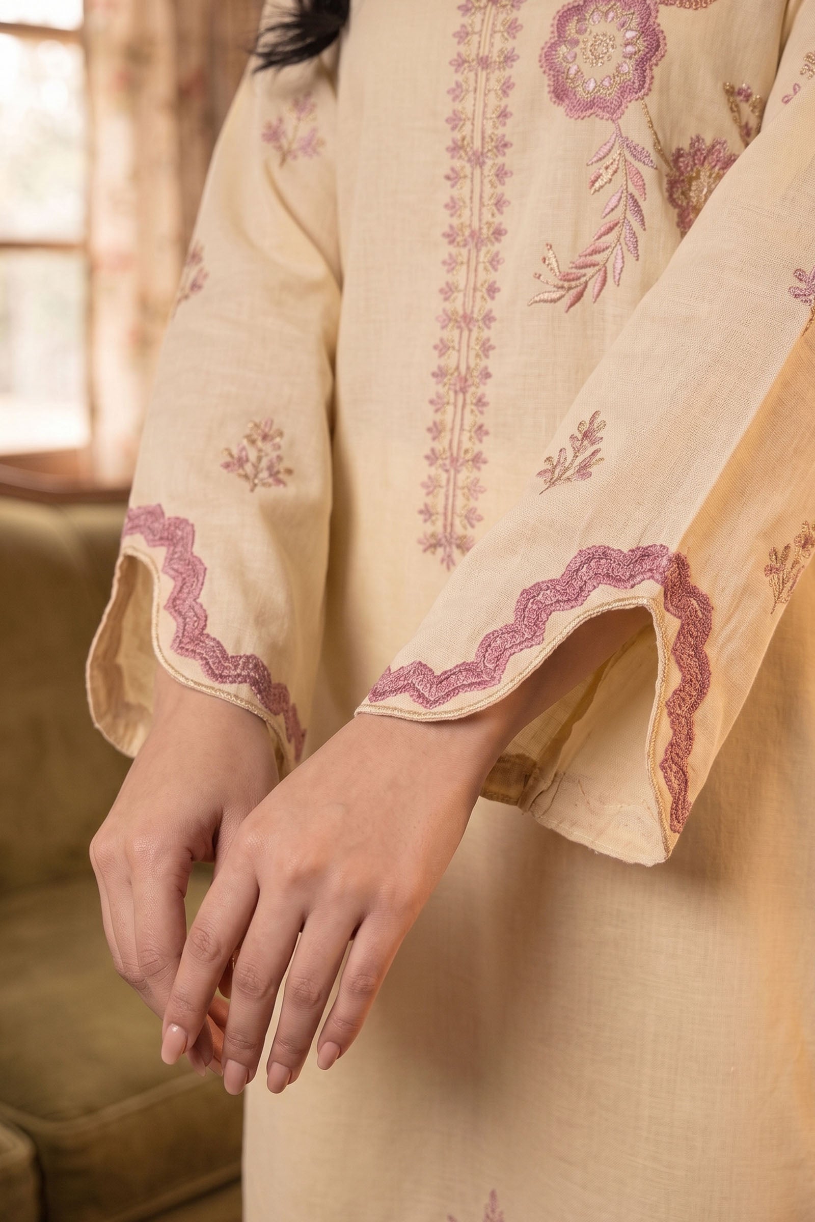 Beige 2 Piece Unstitched Dyed Embroidered Lawn