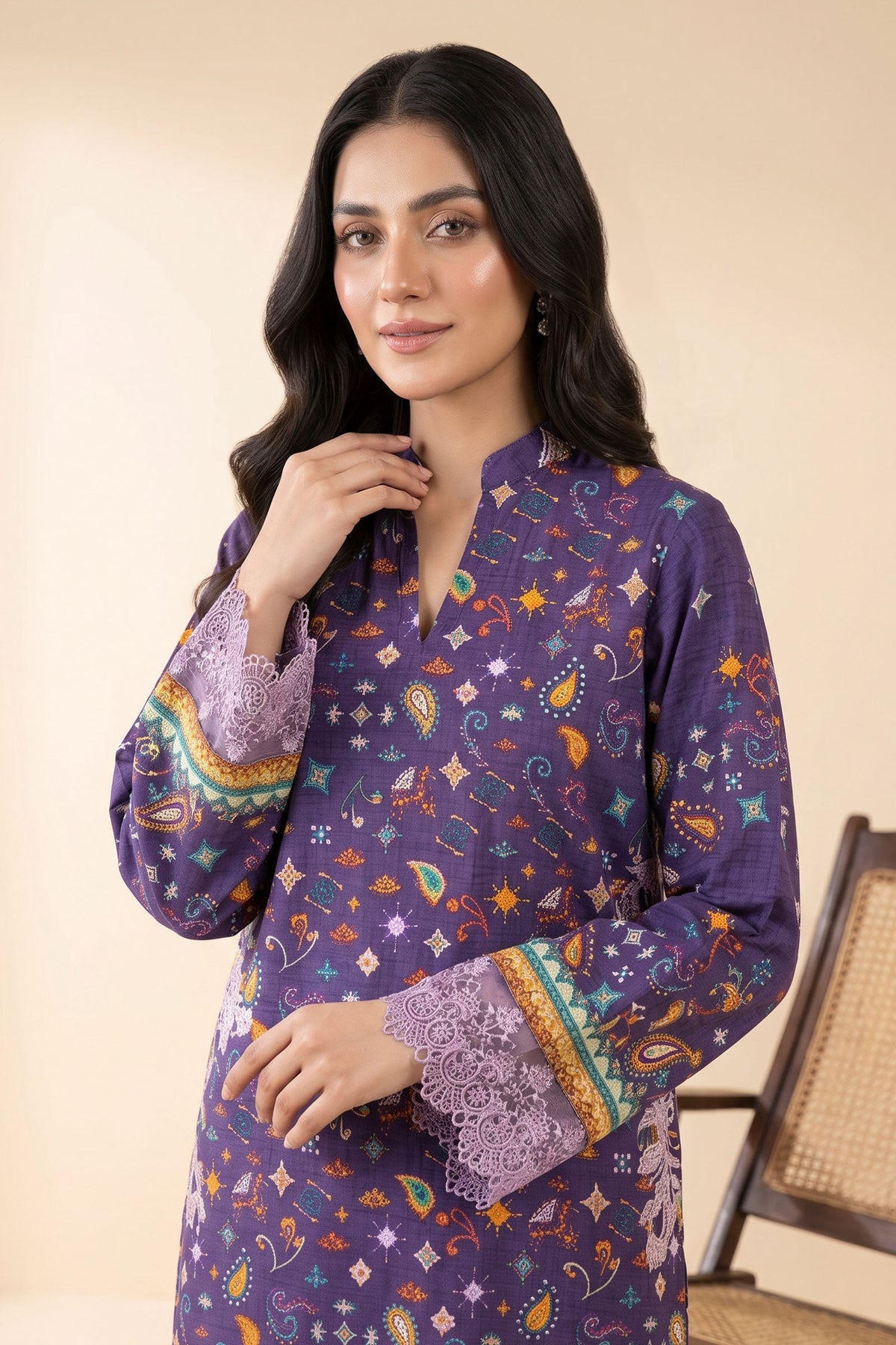 2 Piece Unstitched Printed Embroidered Khaddar - Royal Purple