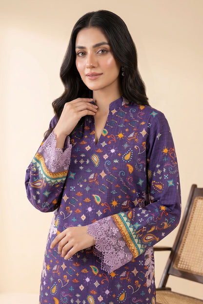 2 Piece Unstitched Printed Embroidered Khaddar - Royal Purple