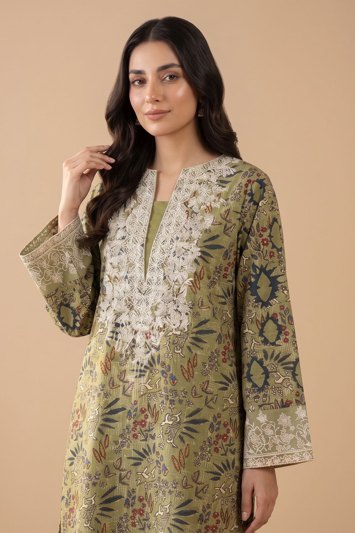 2 Piece Unstitched Embroidered Printed Khaddar - Olive Moss