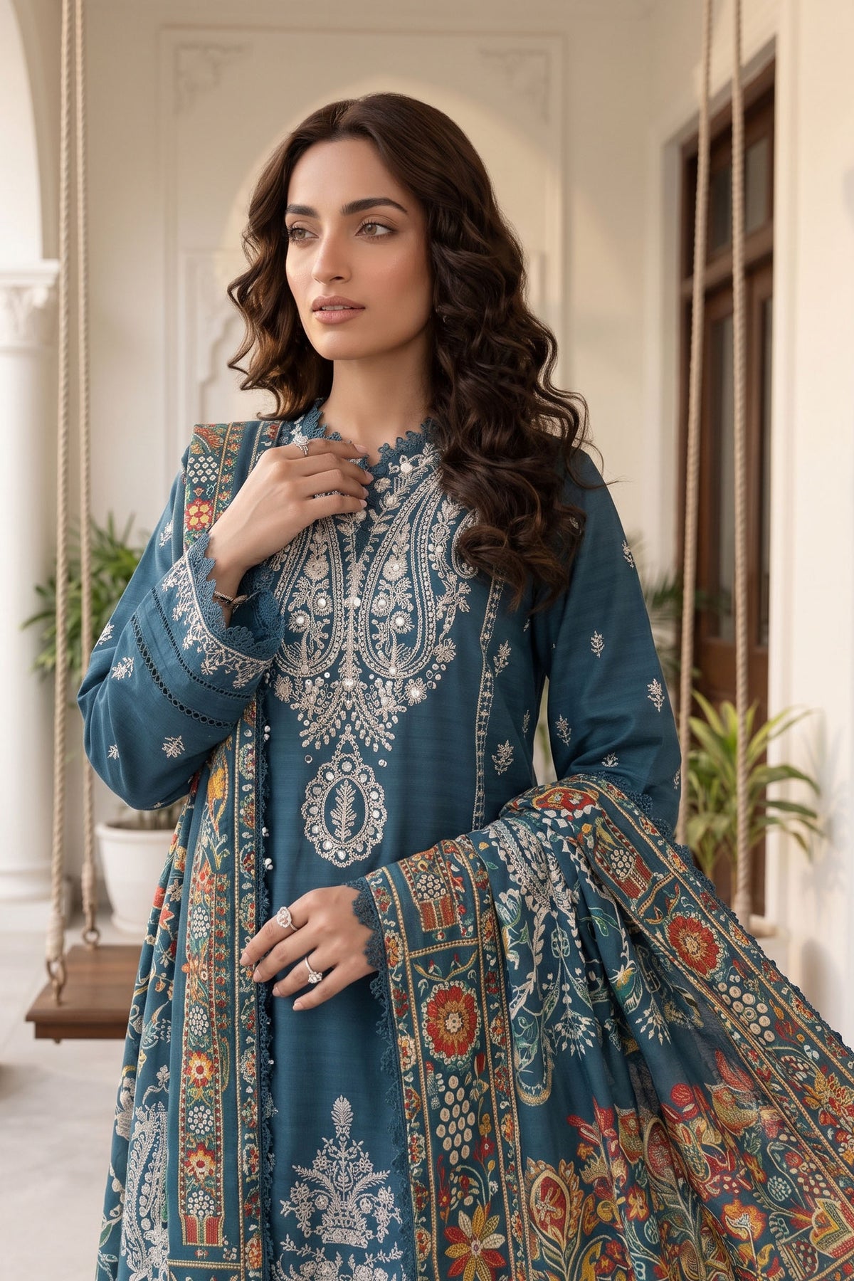 Unstitched Premium Printed 3-Piece Dark Blue Suit Main image