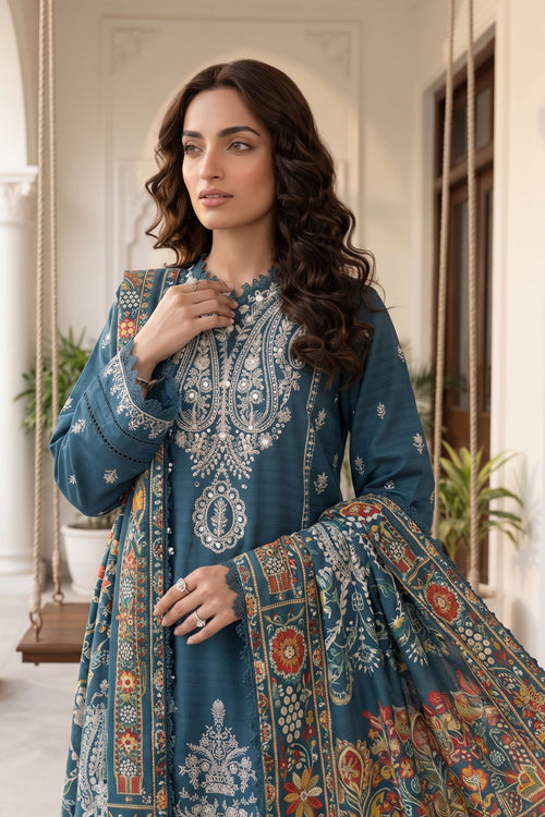 Unstitched Premium Printed 3-Piece Linen Dark Blue Suit
